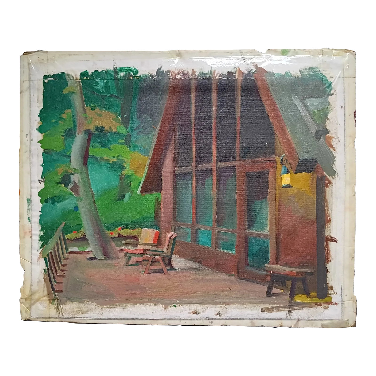 House With Many Windows in the Woods, Original Oil Painting: This original David Beynon Pena oil painting captures the feeling of a ranch house deep in the woods. Condition: Alterations: Original Condition Unaltered Imperfections: Some Imperfections Condition N
