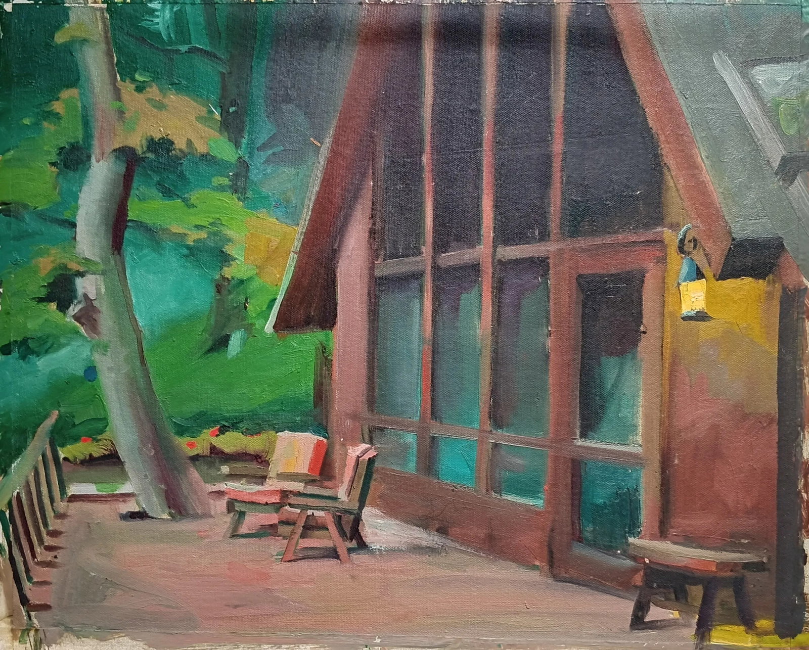 House With Many Windows in the Woods, Original Oil Painting - 2