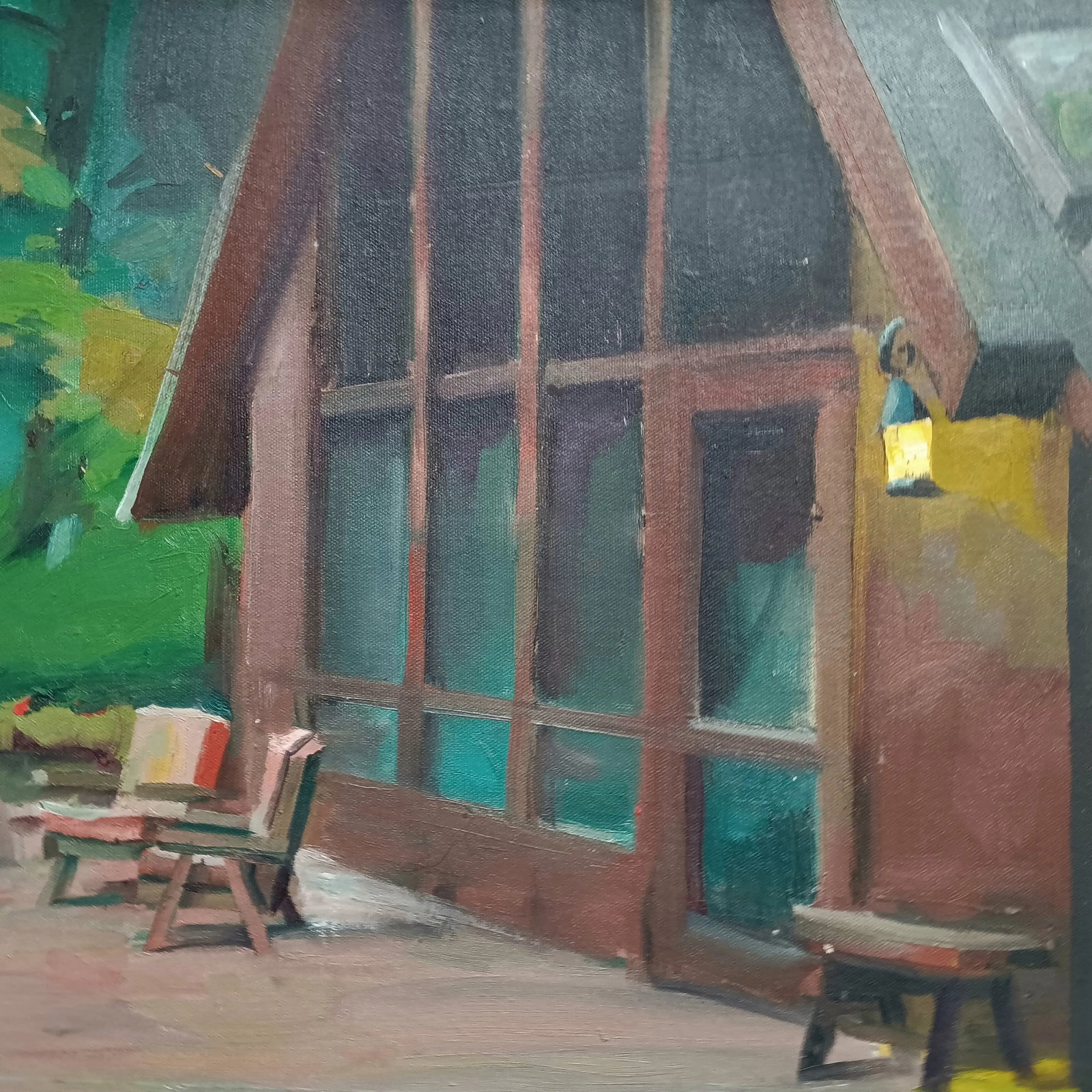 House With Many Windows in the Woods, Original Oil Painting - 4