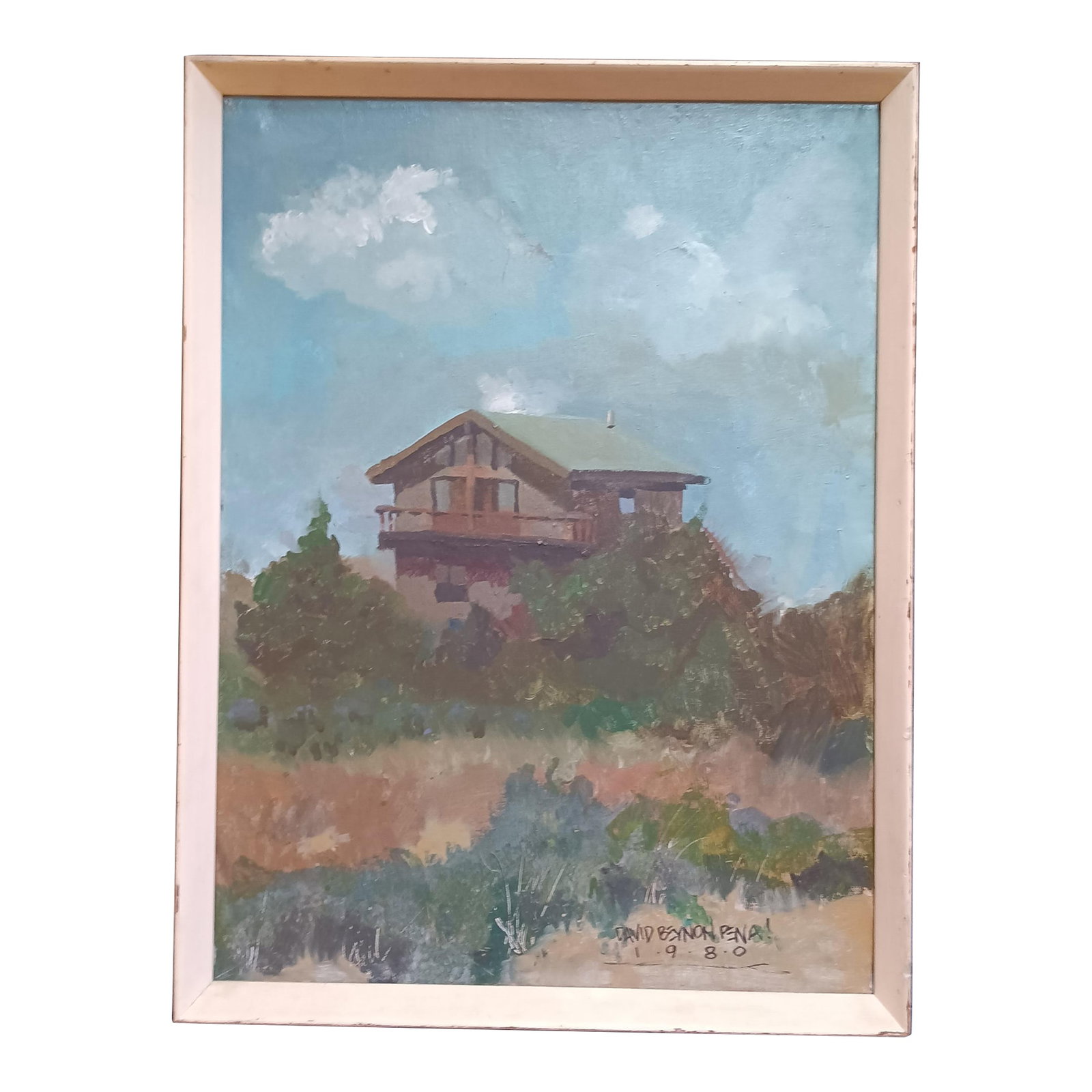 Fire Island Cottage in 1980 Original Signed Framed Oil Painting by David Beynon Pena: This original signed and dated Fire Island oil painting depicts a lone cottage above the dunes looking out to the Atlantic Ocean. The summer home is grand and solitary, peaceful and bleak on a shiny