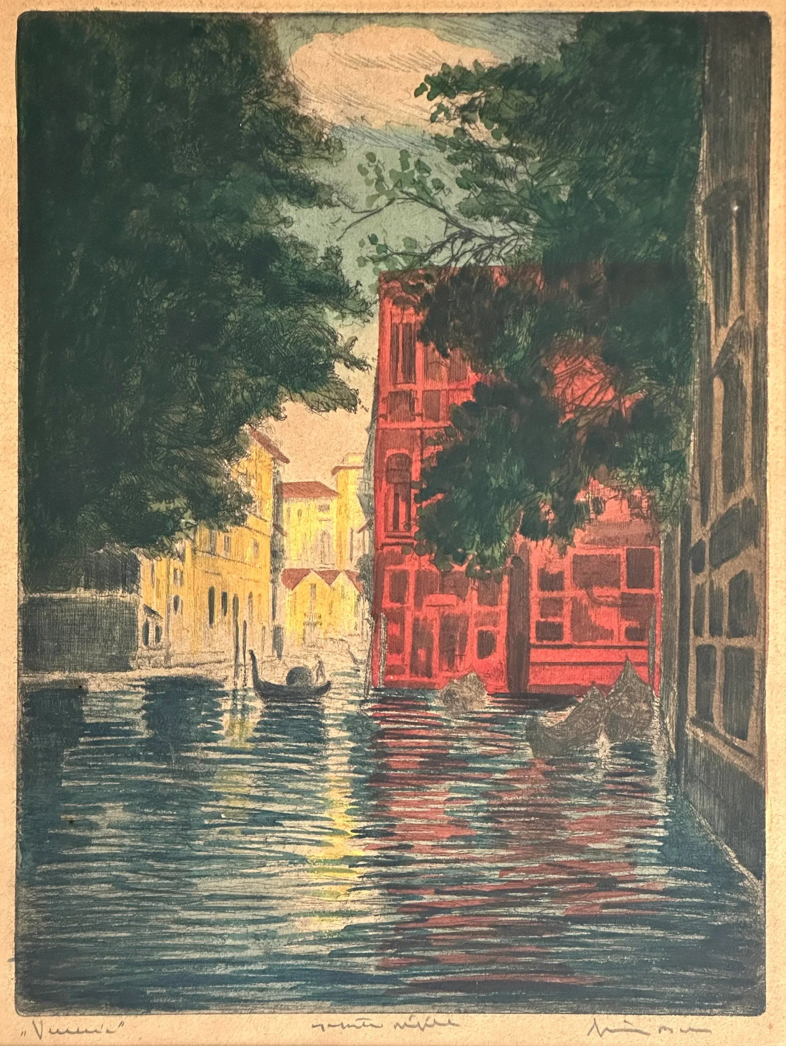 Bela Sziklay - Vintage Expressionist Hand Colored Etching Venice Canal, Signed - 2