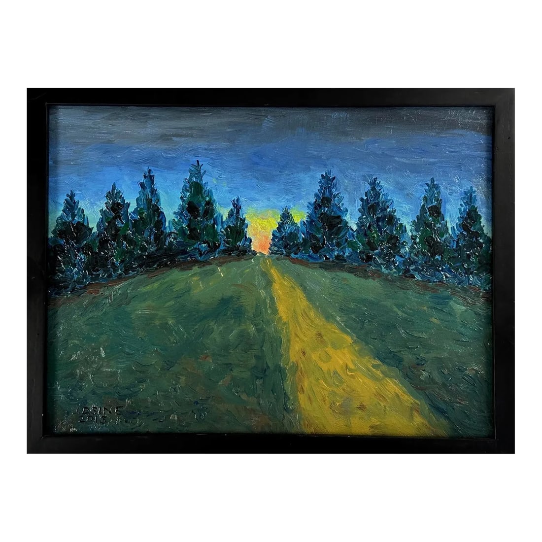 Vintage Expressionist Landscape With Trees and Sunrise on Horizon, Signed (Acrylic on Canvas): Vintage Expressionist Landscape with Trees and Sunrise on Horizon, Signed (Acrylic on Canvas). Housed in a wood frame. In very good condition with wear consistent with age. Size: 13.25 x 17.25 in
