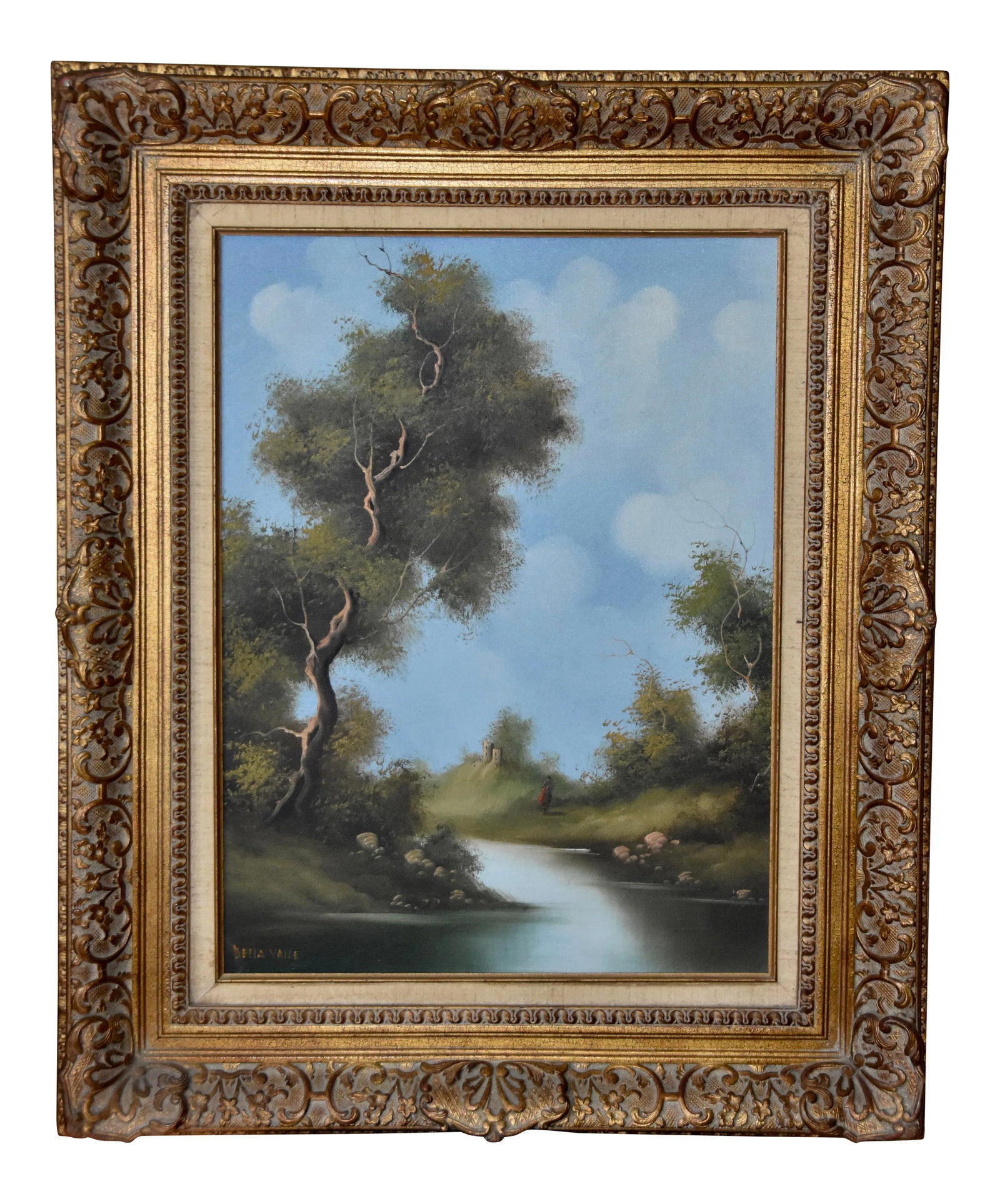 1960s Oil Painting Della Valle Original Signed on Canvas: Oil on canvas Tuscan countryside river landscape. Signed by Artist Della Valle. Gold gilded frame - painting captures the rich beauty of nature . Frame: 27" W x 34" H x 3" D Canvas: 17" W x 23" H Mino