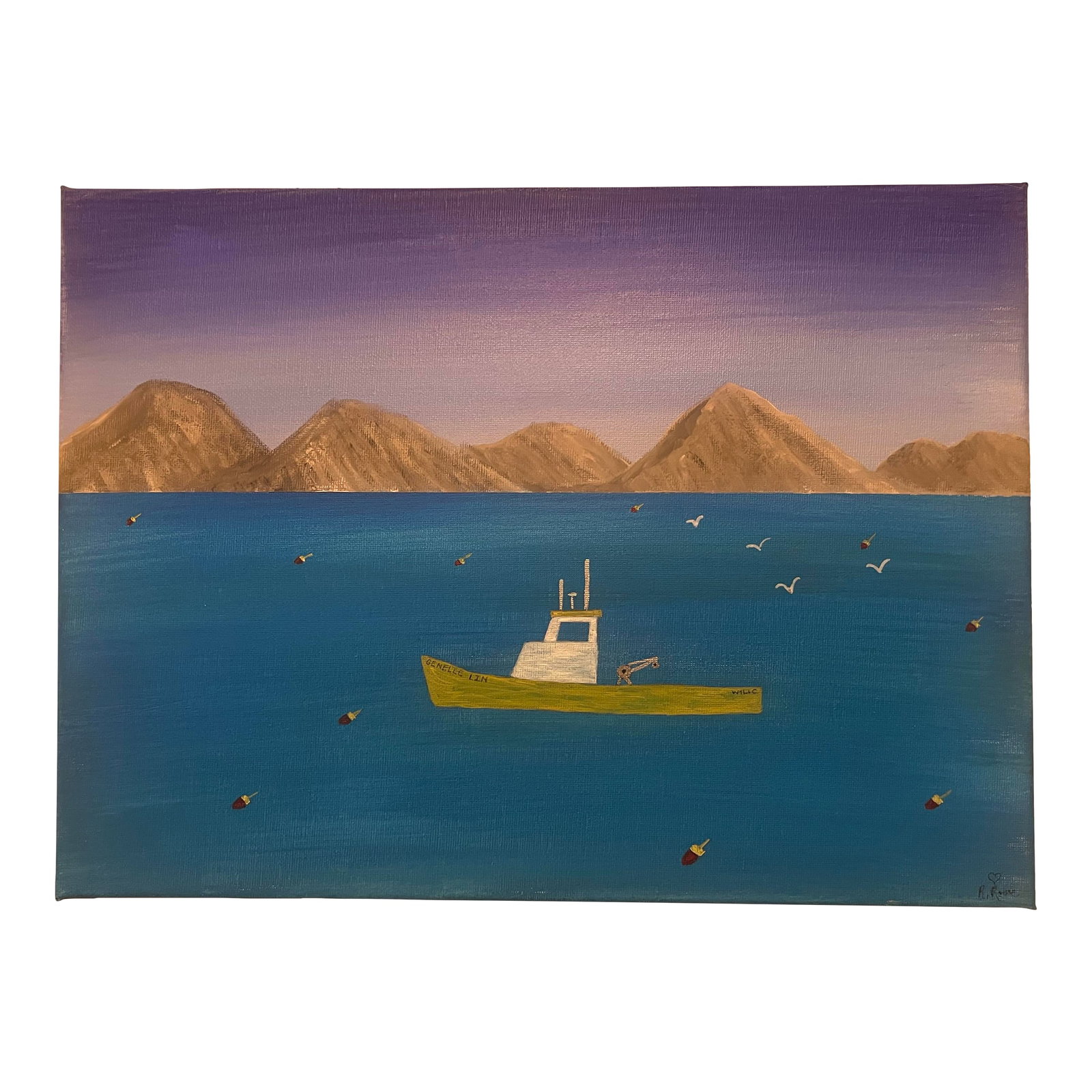 Folk Art Nautical Landscape Seascape, Lobster Boat, Painted on Canvas, Signed, Dated: Rebecca L Rowe (1974-), Maine, 2024, Folk Art Nautical Seascape, Acrylic Painting On Stretched Canvas, One Of A Kind Condition: Imperfections: Some Imperfections Condition Notes: Like new condition.