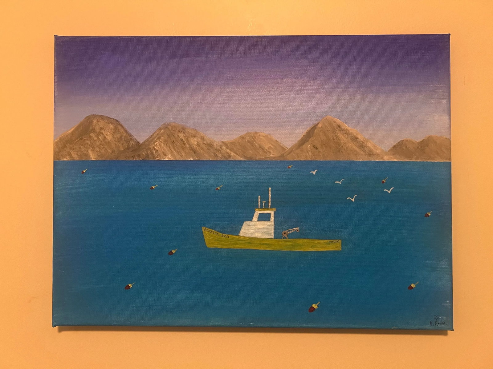 Folk Art Nautical Landscape Seascape, Lobster Boat, Painted on Canvas, Signed, Dated - 2