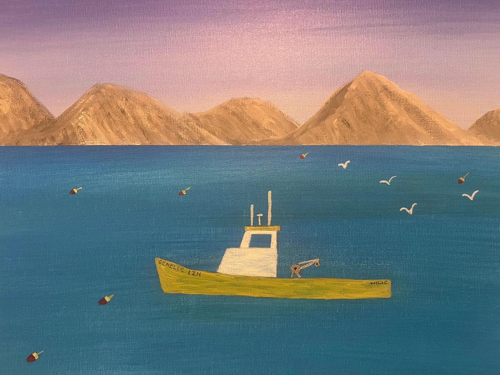 Folk Art Nautical Landscape Seascape, Lobster Boat, Painted on Canvas, Signed, Dated - 3