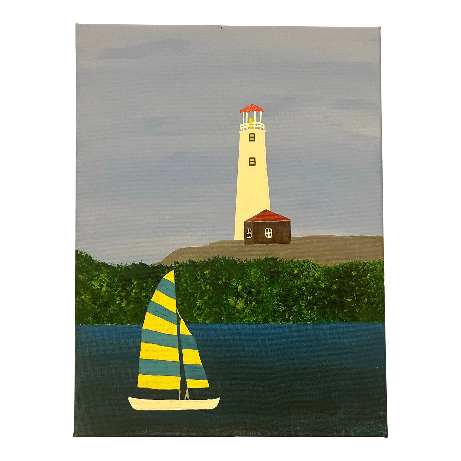 Folk Art Nautical Landscape Seascape, Lighthouse & Sailboat, Painted on Canvas, Signed, Dated: Rebecca L Rowe (1974-), Maine, 2024, Folk Art Nautical Seascape, Acrylic Painting On Stretched Canvas, One Of A Kind Condition: Imperfections: Some Imperfections Condition Notes: Like new condition. S