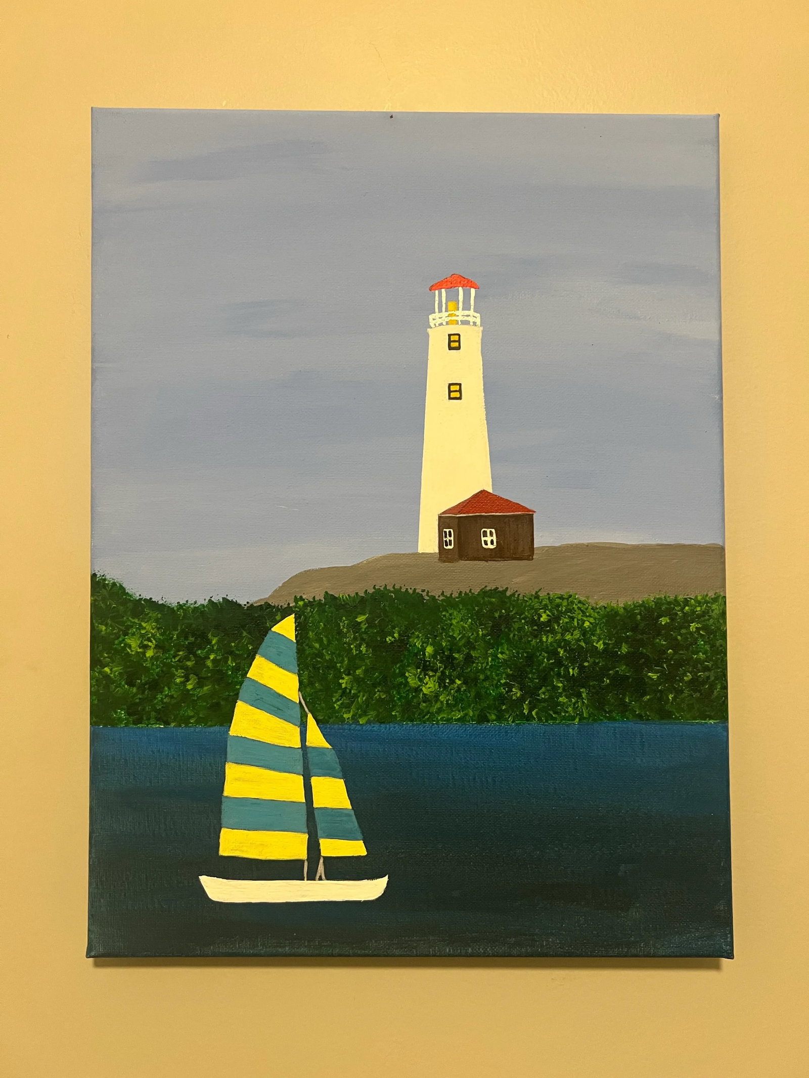 Folk Art Nautical Landscape Seascape, Lighthouse & Sailboat, Painted on Canvas, Signed, Dated - 2