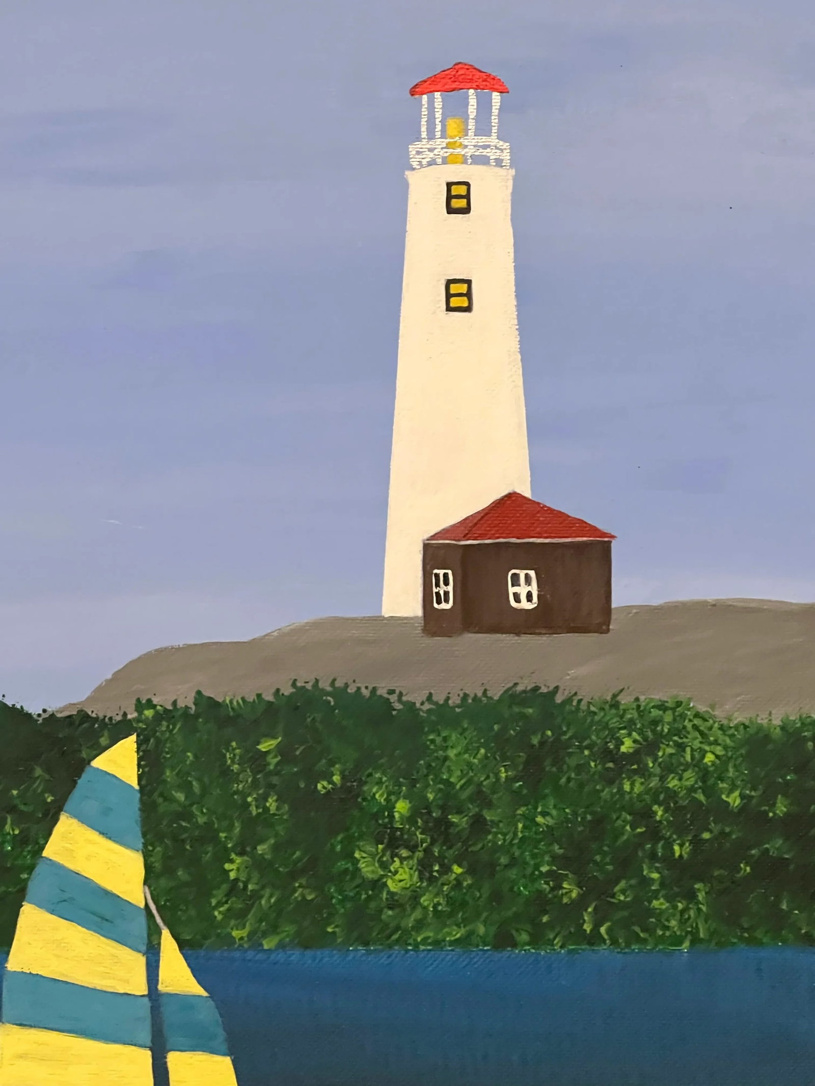 Folk Art Nautical Landscape Seascape, Lighthouse & Sailboat, Painted on Canvas, Signed, Dated - 3