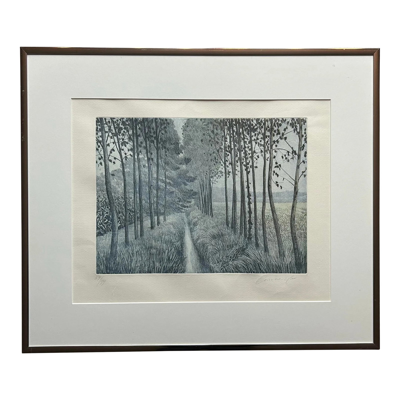 Black & White Framed Etching of Tree Lined Path in Fields Pencil Signed (1 of 8)