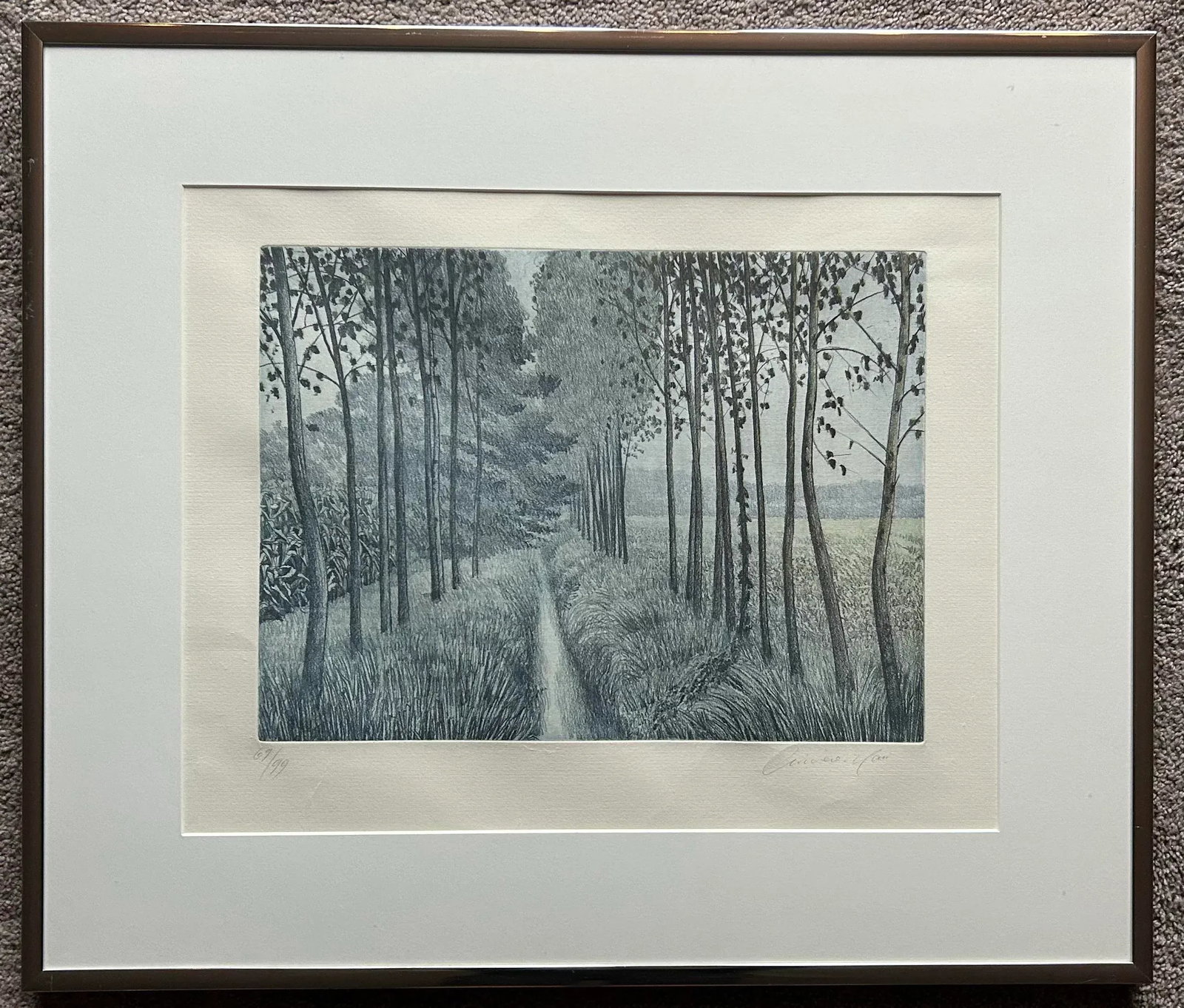 Black & White Framed Etching of Tree Lined Path in Fields Pencil Signed - 2