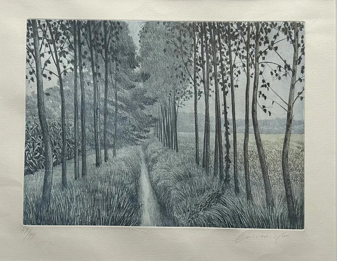Black & White Framed Etching of Tree Lined Path in Fields Pencil Signed - 3