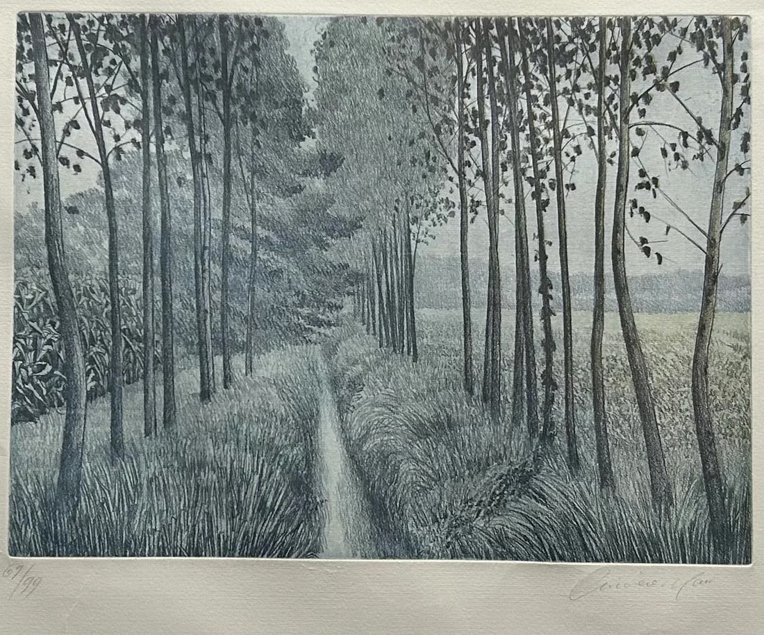 Black & White Framed Etching of Tree Lined Path in Fields Pencil Signed - 8