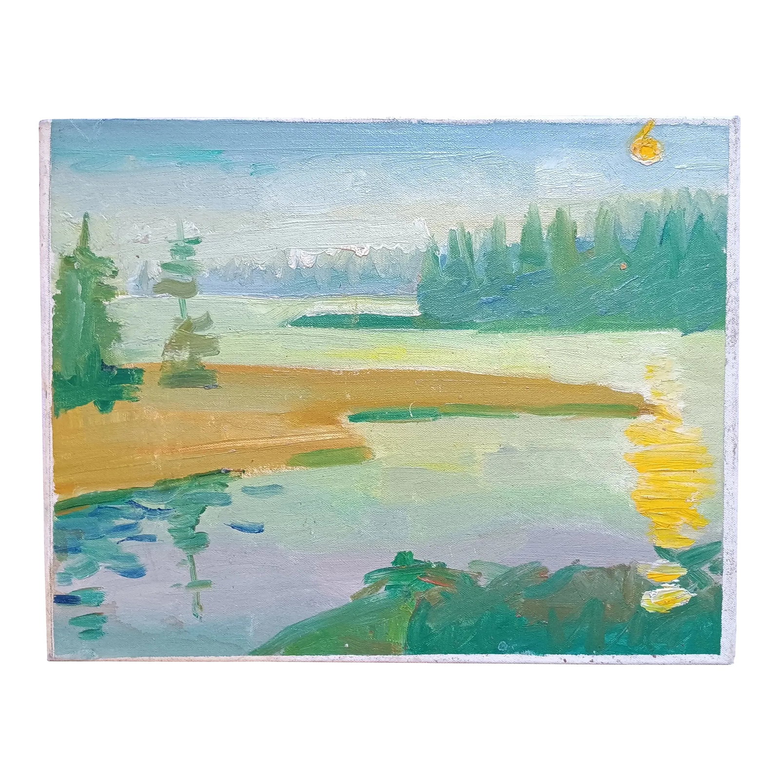 Chester, Nova Scotia Sunset Original Oil Painting: This delightful abstract original painting of a Canadian sunset in Chester, Nova Scotia by David Beynon Pena captured that magical moment when the sun goes down over the islands. Condition: Alteration