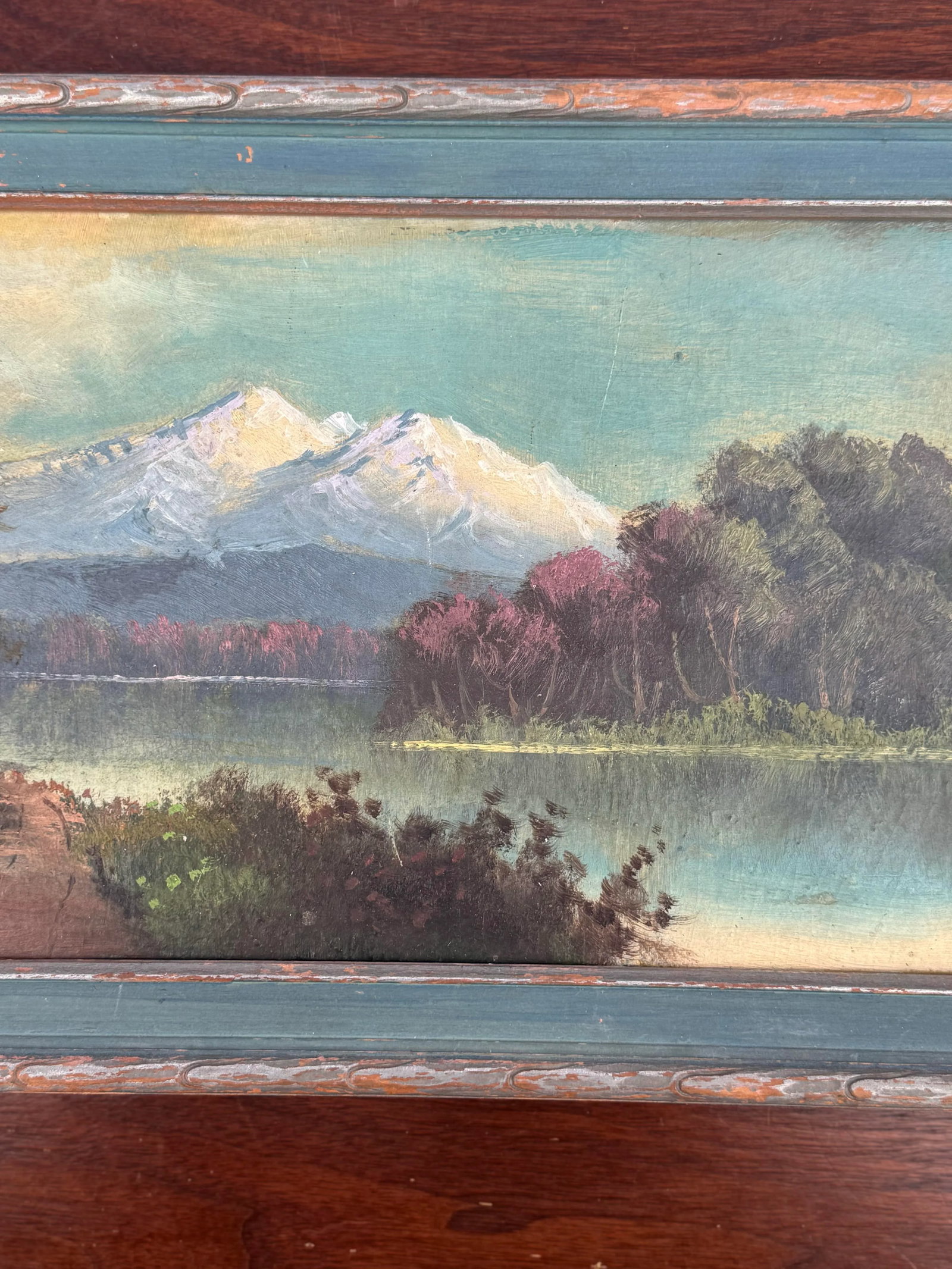 Antique Hand-Painted Landscape Oil Painting - Rustic Mountain Scene in Distressed Wood Frame - 3