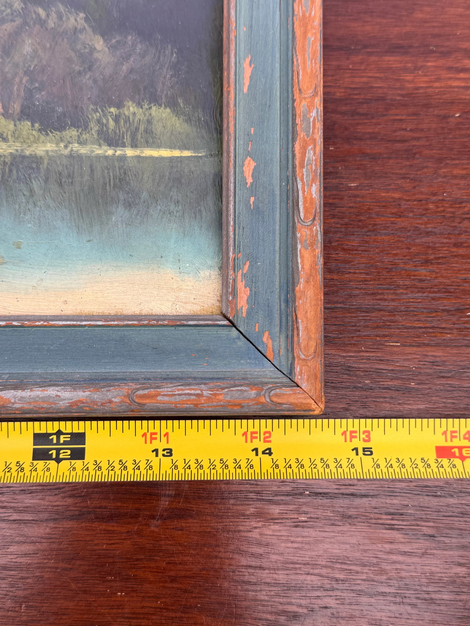 Antique Hand-Painted Landscape Oil Painting - Rustic Mountain Scene in Distressed Wood Frame - 5