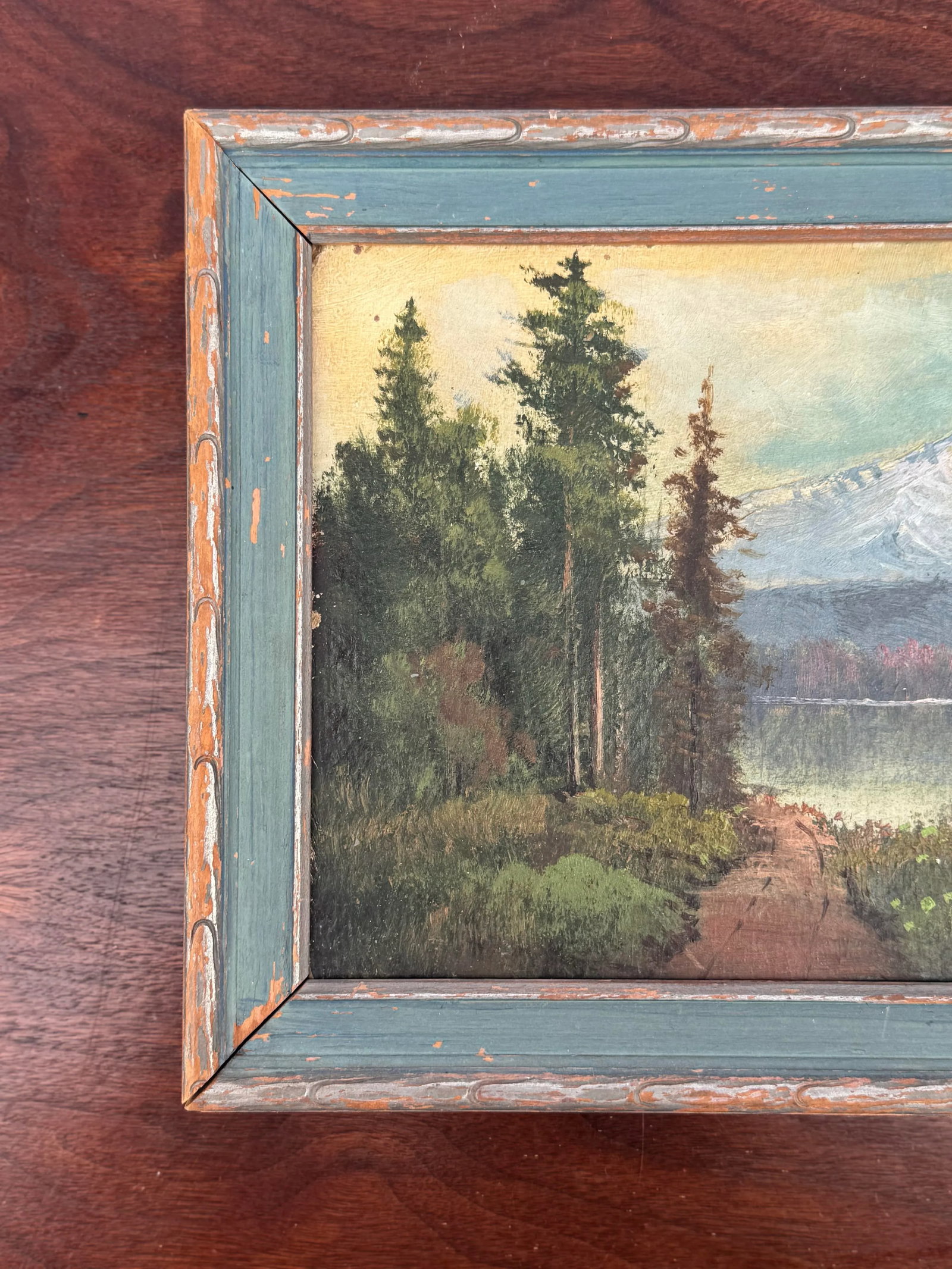 Antique Hand-Painted Landscape Oil Painting - Rustic Mountain Scene in Distressed Wood Frame - 6