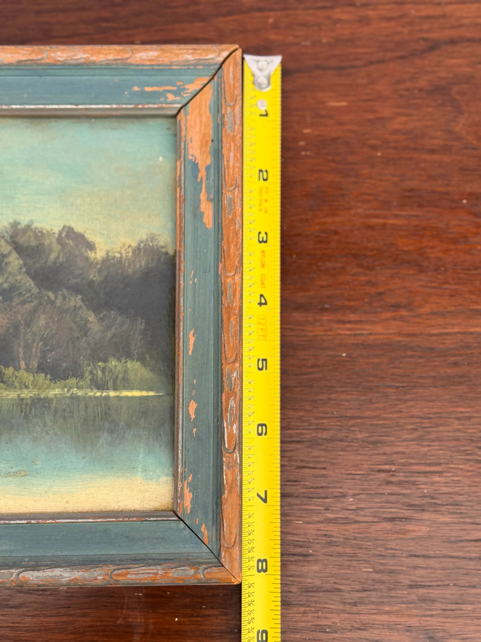 Antique Hand-Painted Landscape Oil Painting - Rustic Mountain Scene in Distressed Wood Frame - 7