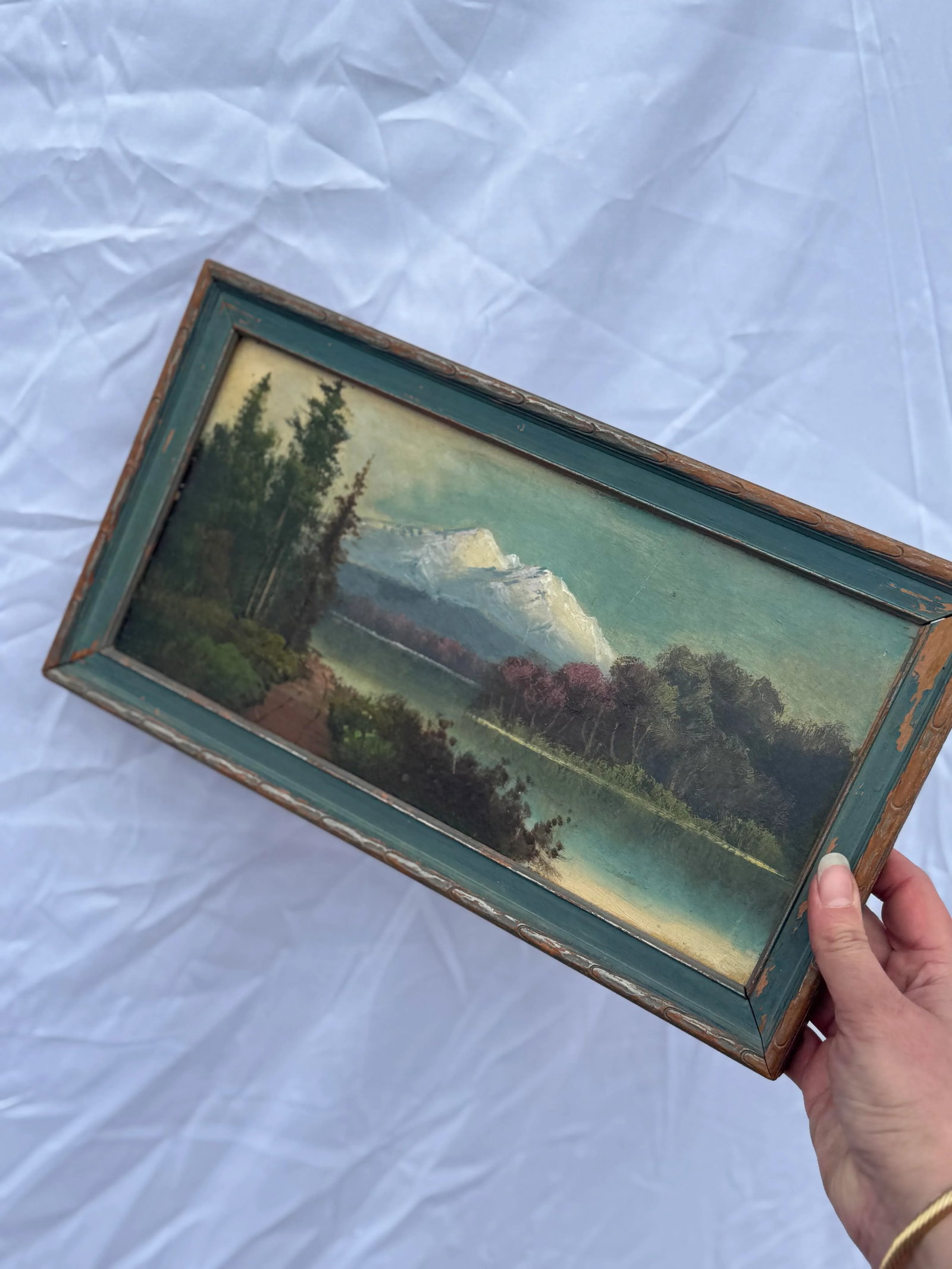 Antique Hand-Painted Landscape Oil Painting - Rustic Mountain Scene in Distressed Wood Frame - 9