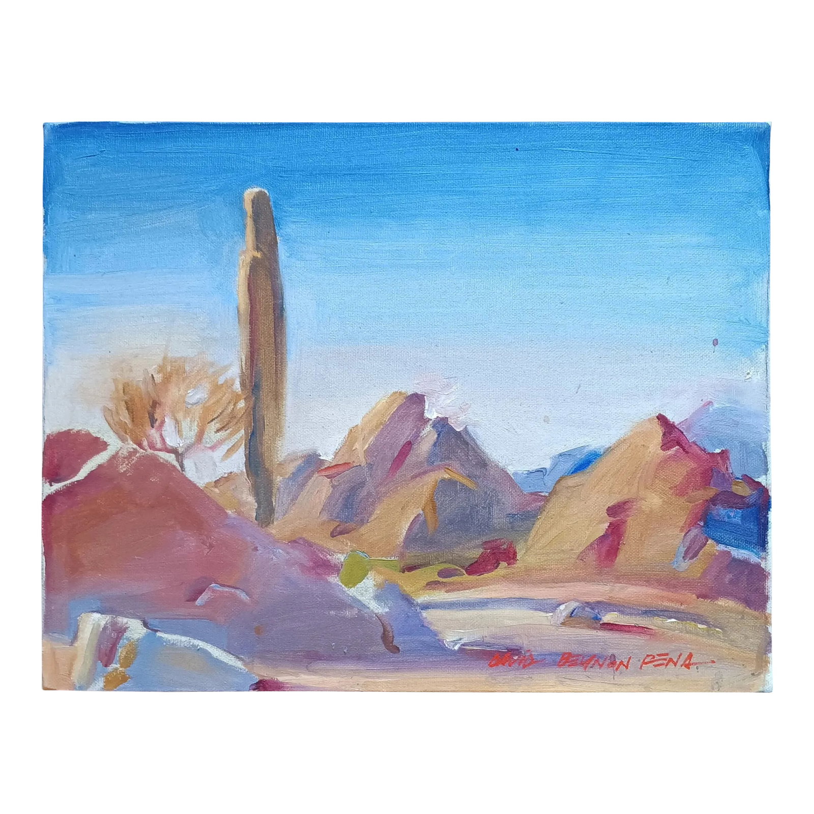 Cactus in the Desert Original Oil Painting: You can feel the desert heat shining down on this lone cactus in the desert when you look at this original David Beynon Pena oil painting. If you love Southwest landscapes, this could be yours. Condit