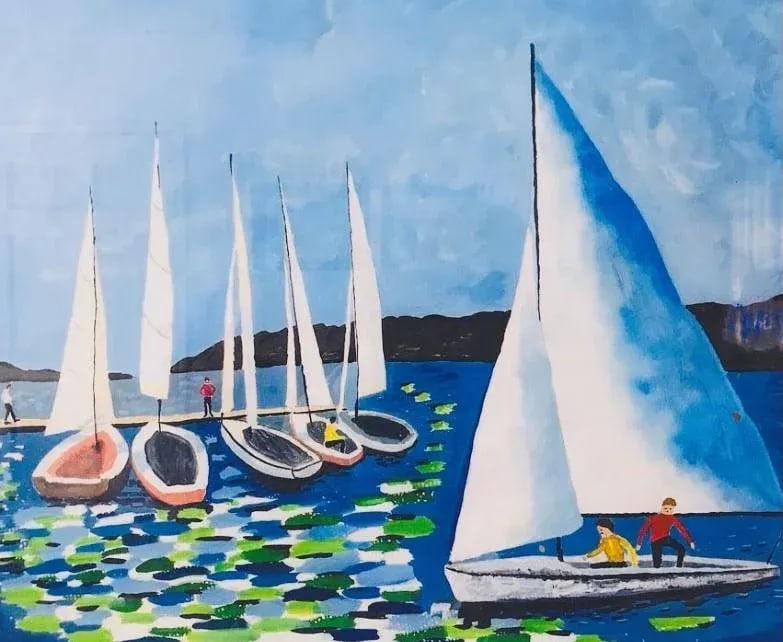 Late 20th-Century Giclee Signed Print on Canvas of Sailboats on Lake Geneva: This is a Giclee signed print on canvas of the watercolour painting, Sailboats on Lake Geneva, in Switzerland. It is mounted on 1.5" stretcher bars with mirrored sides and has a dust cover on the back
