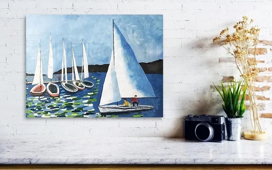 Late 20th-Century Giclee Signed Print on Canvas of Sailboats on Lake Geneva - 3