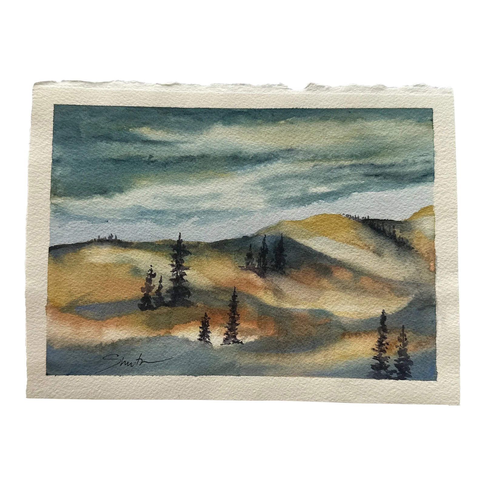 Signed Original Watercolor Landscape "On the Mountains": Sunlight settling on the mountains. Signed and ready to frame. Condition: Imperfections: No Imperfections Condition Notes: New art Origin: United States Materials & Techniques: Watercolor
