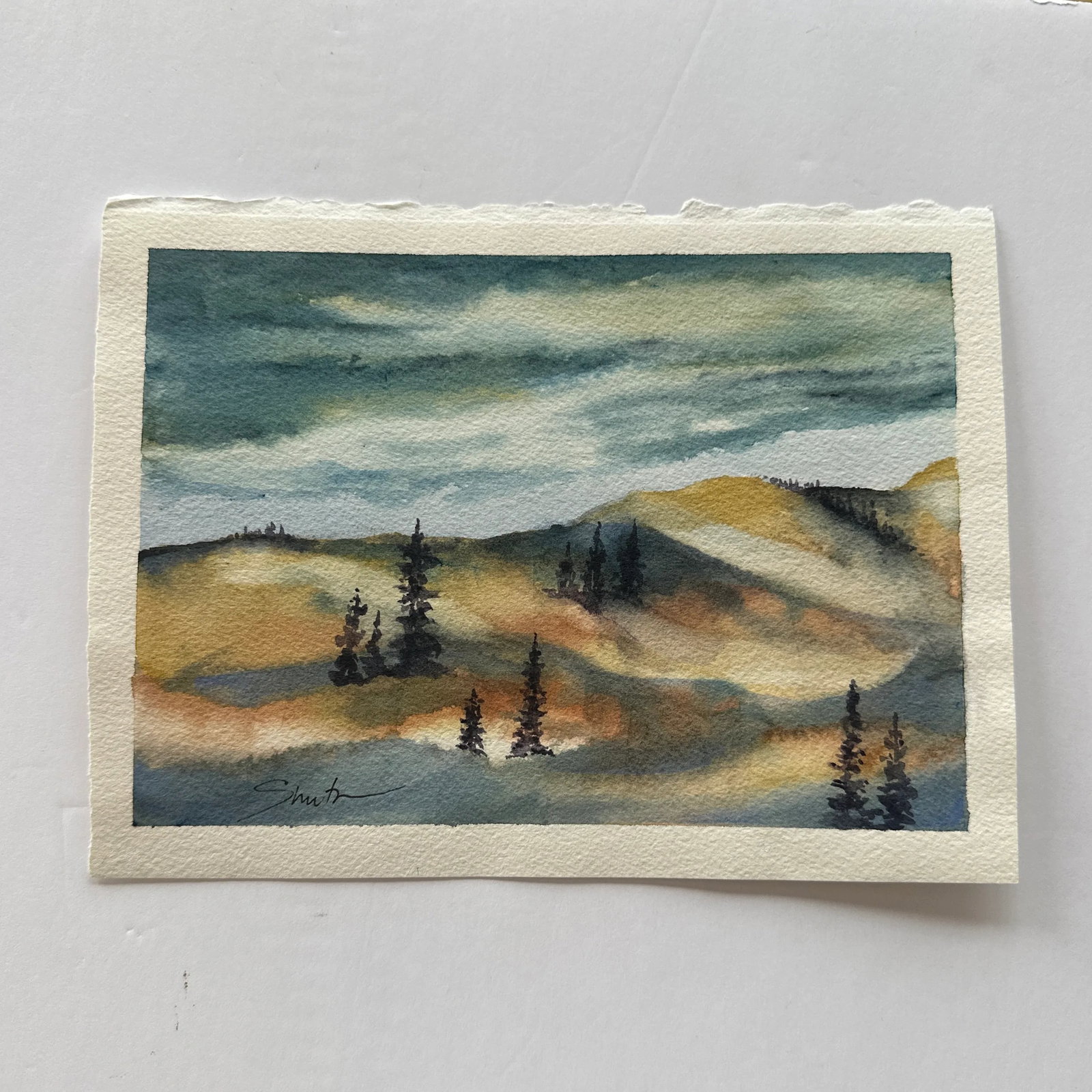 Signed Original Watercolor Landscape "On the Mountains" - 2