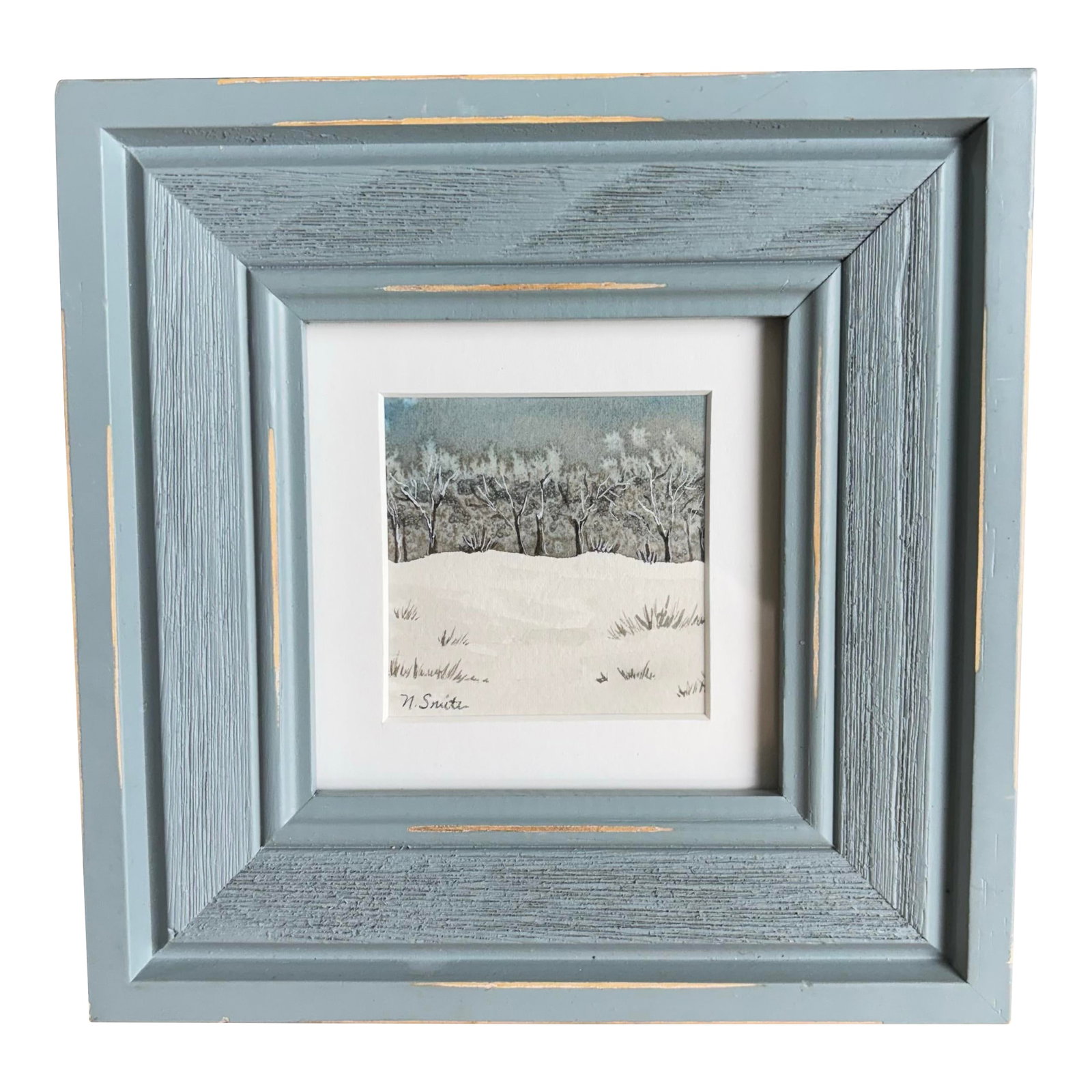 Whispering Woods - Original Watercolor Signed and Framed: This tranquil scene showcases a lightly frosted forest with subtle earthy tones and textured grasses poking through the snow. The misty sky above adds depth and mystery, evoking quiet solitude and