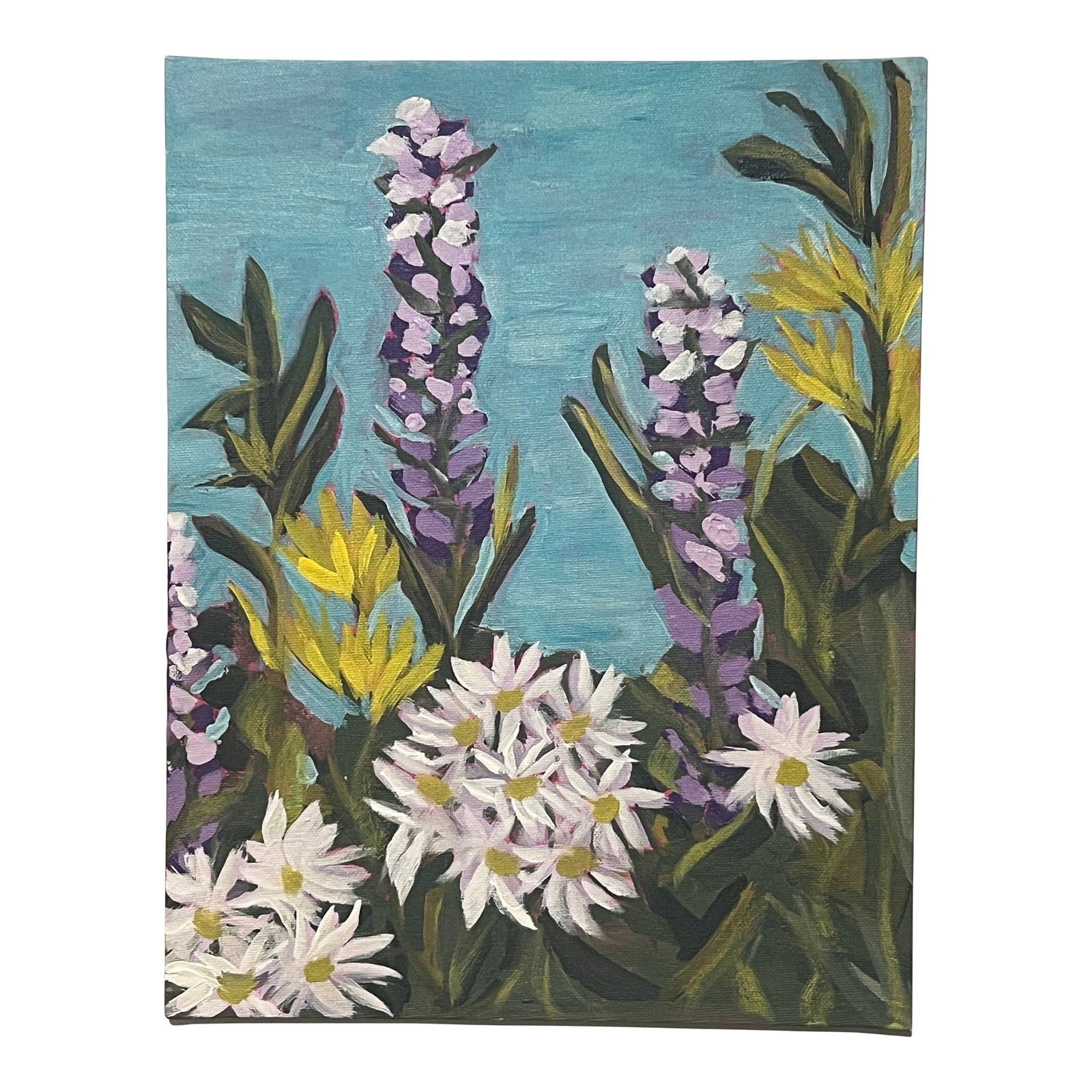 Modern Wild Floral Bloom, Acrylic Paint on Canvas, "Lupin' With Daisies 2," Signed & Dated on Verso: Melinda S Best, 2025, "Lupin' With Daisies 2," Part Of A Series, One Of A Kind, Modern Abstract Floral Acrylic Painted On Canvas Panel, Signed & Dated On Verso, In Vintage Frame Condition: Imperfectio