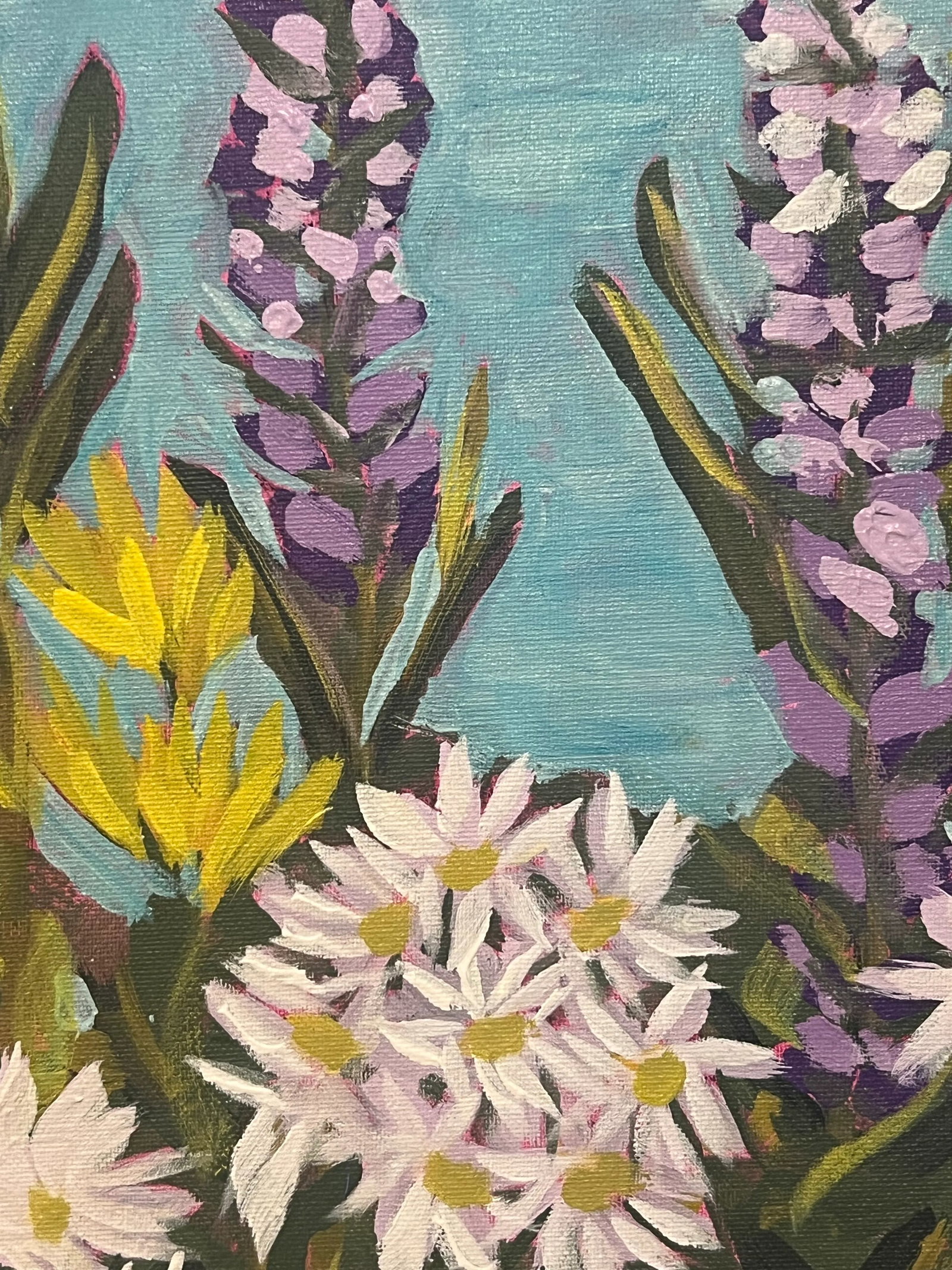 Modern Wild Floral Bloom, Acrylic Paint on Canvas, "Lupin' With Daisies 2," Signed & Dated on Verso - 3