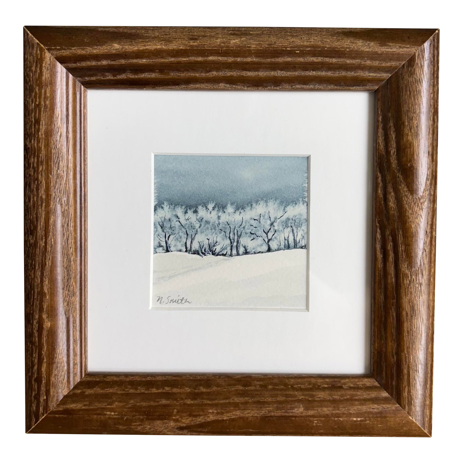 Frosted Treeline - Original Watercolor Painting Signed and Framed: Capture the stillness of a winter morning with this serene watercolor featuring a line of delicate, snow-covered trees under a soft, moody sky. Gentle blues and grays blend seamlessly to create a