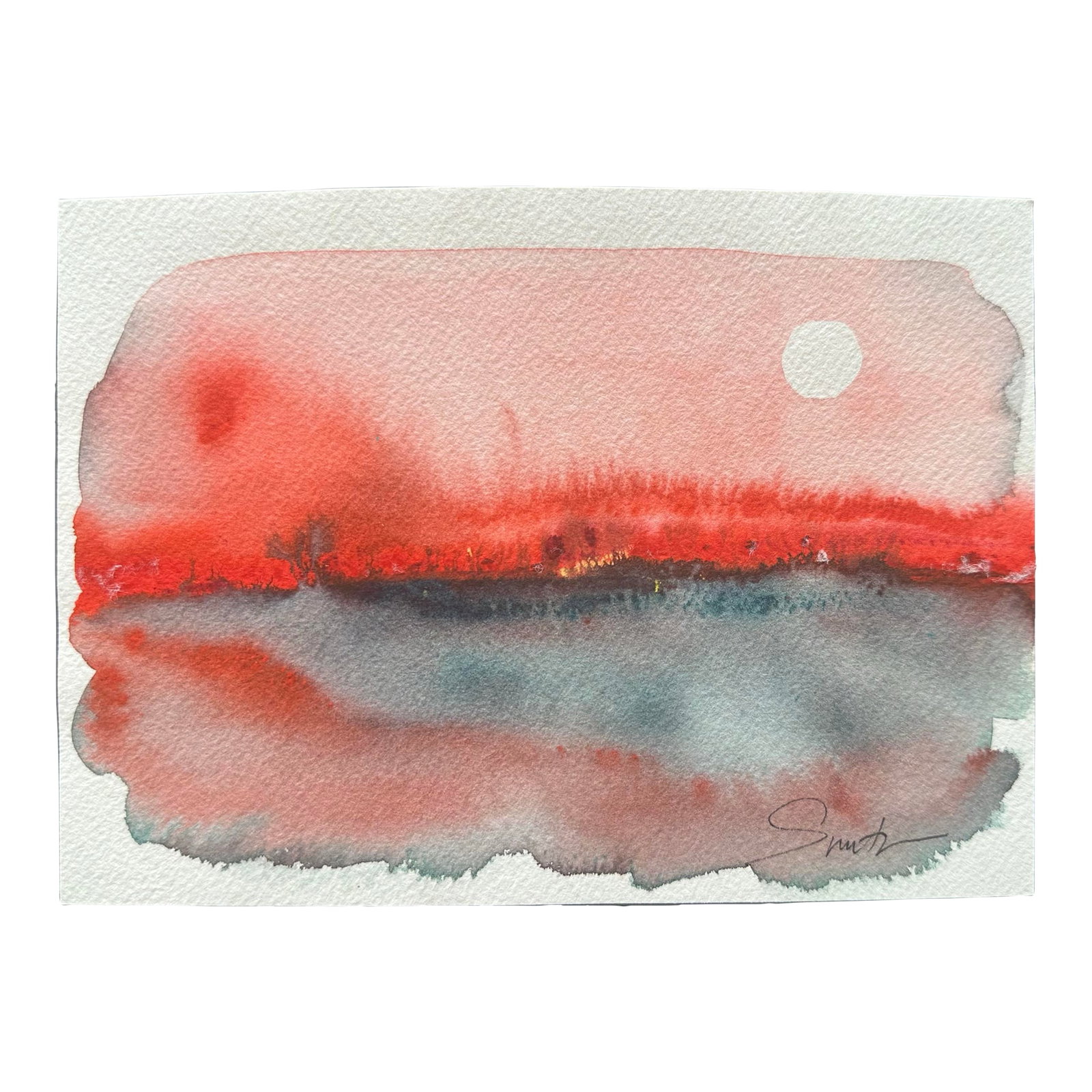 Signed Original Watercolor Abstract Landscape "The Fire's Still Burning": Immerse yourself in the bold and moody tones of this abstract watercolor piece, featuring deep reds and muted blues with a soft reflection across the water. The circular sun adds a sense of calm