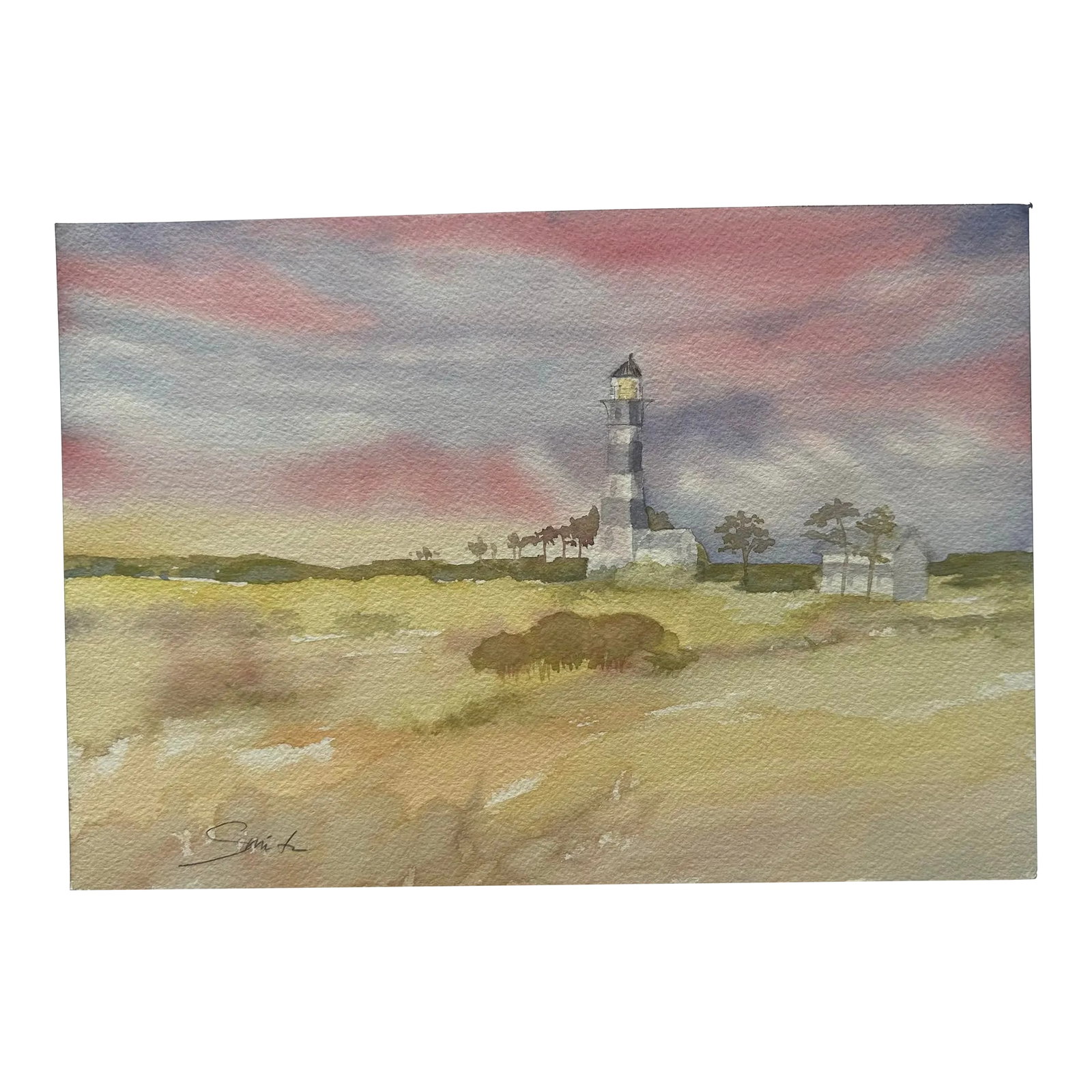 Signed Original Watercolor Landscape "Outer Banks Lighthouse at Sunset" (1 of 2)