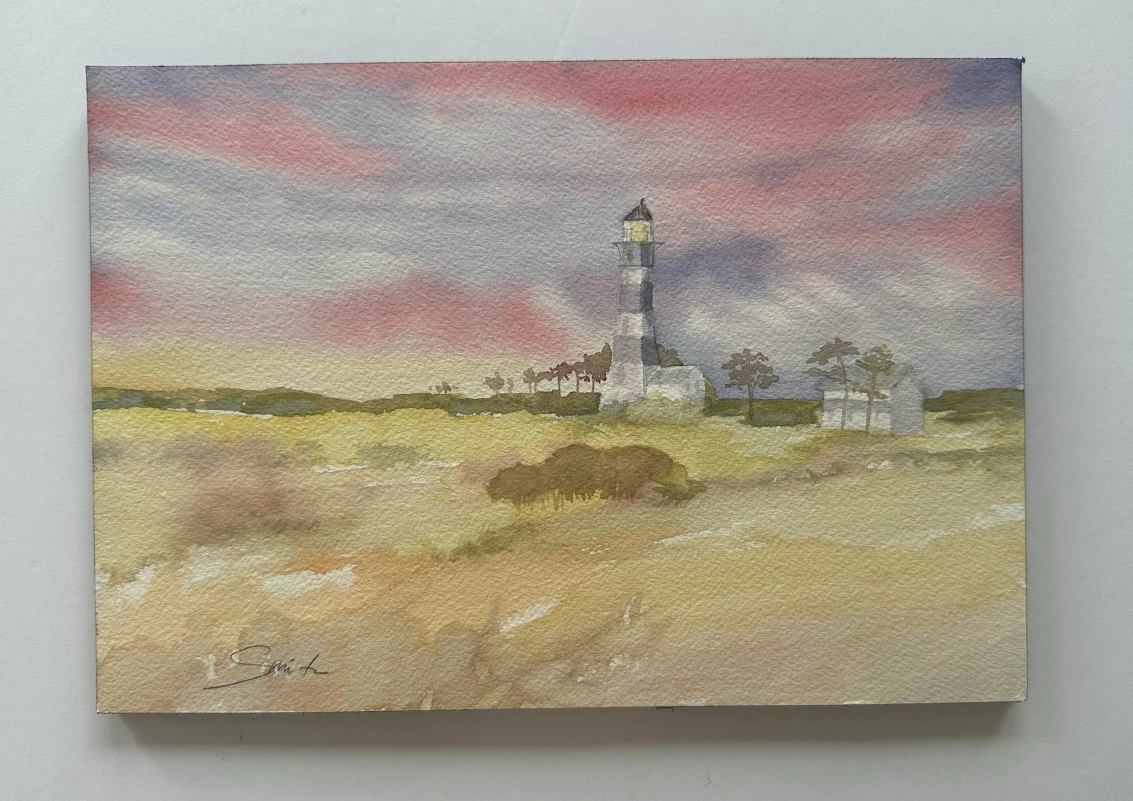 Signed Original Watercolor Landscape "Outer Banks Lighthouse at Sunset" - 2