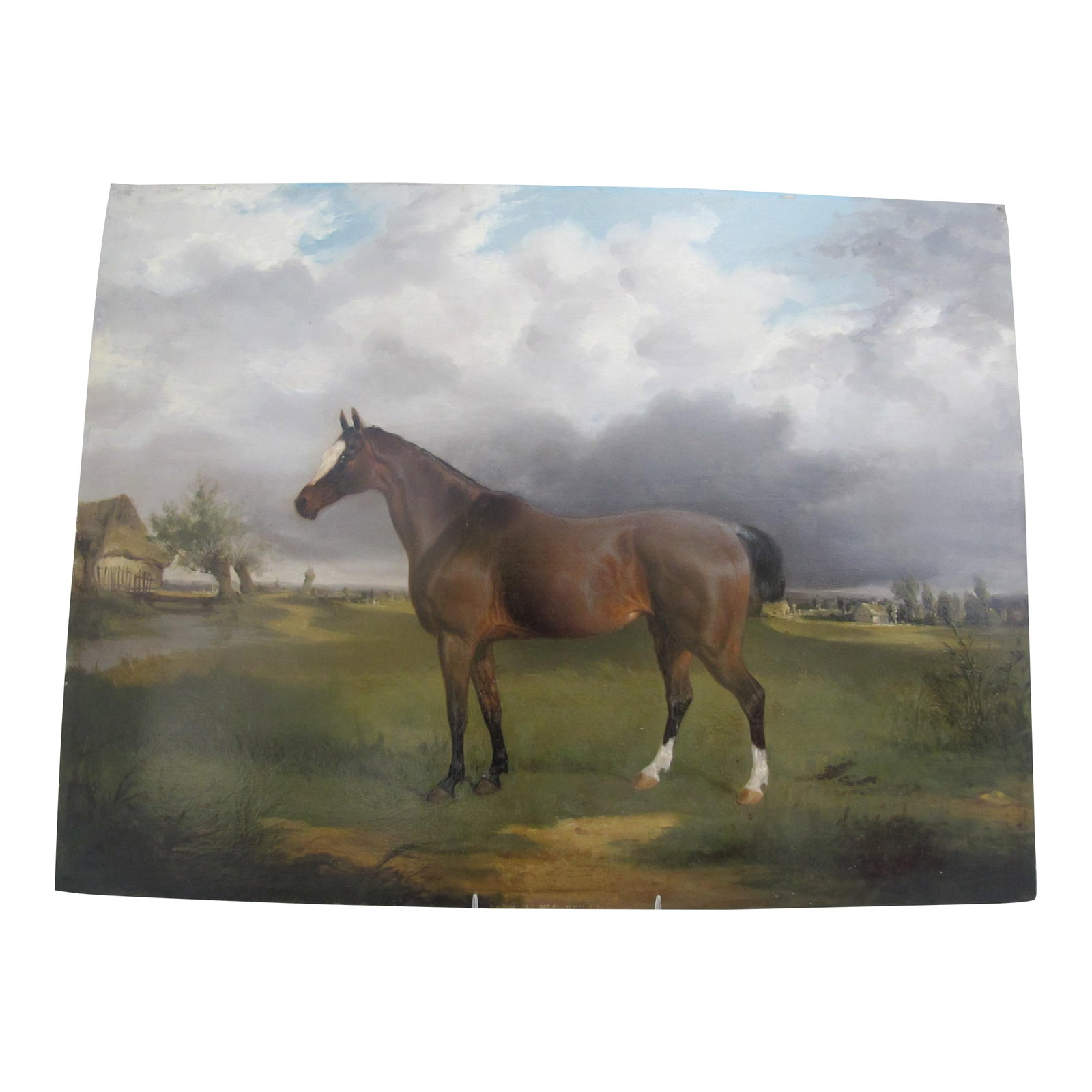 William Joseph Shayer Antique English Horse Portrait Oil Painting on Panel: William Joseph Shayer (English, 1787 - 1879) unframed, original oil painting on board. Portrait of a horse and landscape. Signed at lower right. Measures 17 3/4" x 13 1/2". Excellent condition, recent
