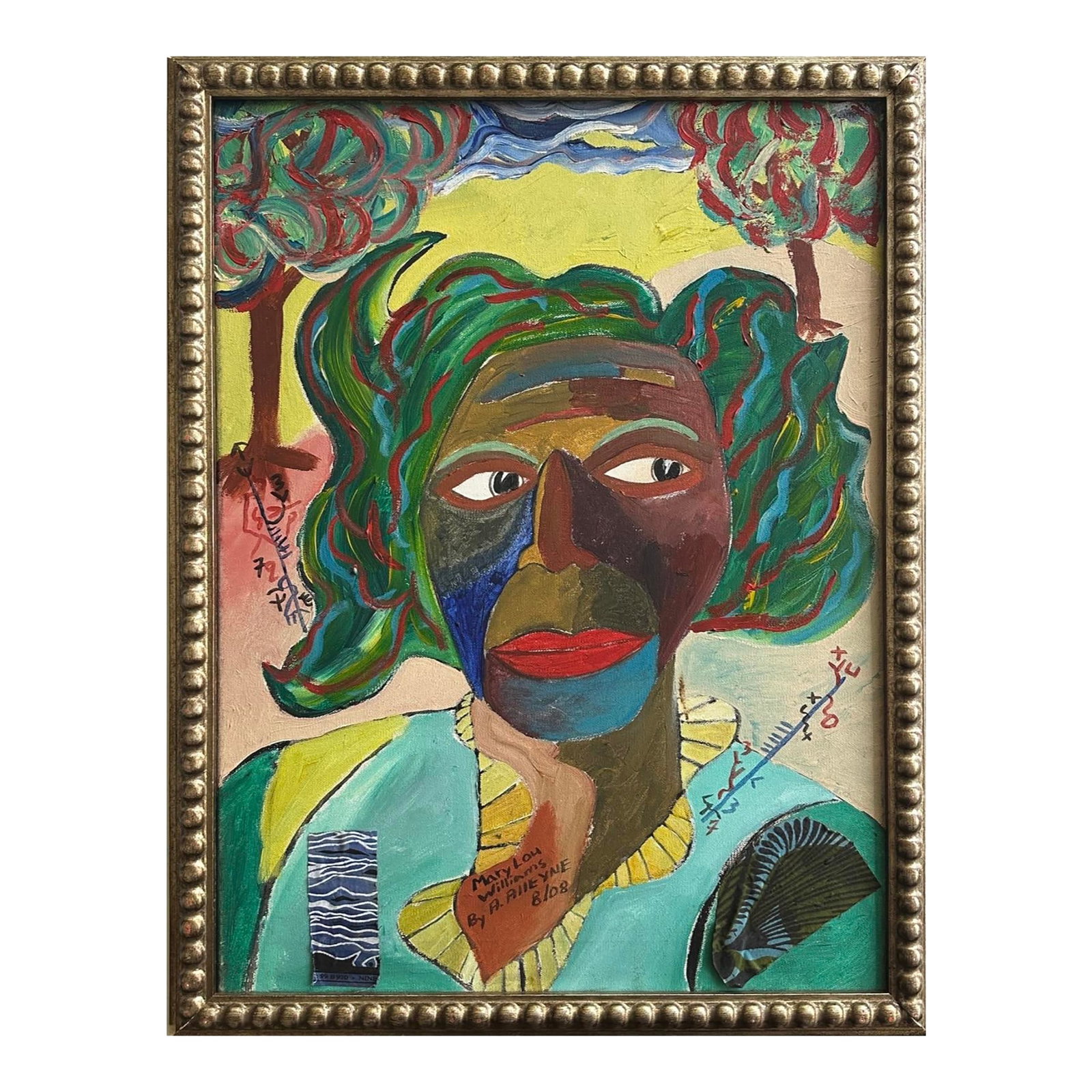 Armando Alleyne (B. 1959) - Mary Lou Williams Outsider Portrait, Signed (Mixed Media on Canvas): Armando Alleyne (b. 1959) - Mary Lou Williams Outsider Portrait, Signed (2008, Mixed Media on Canvas). Outsider portrait of jazz singer Mary Lou Williams against an expressionist landscape. The piece 