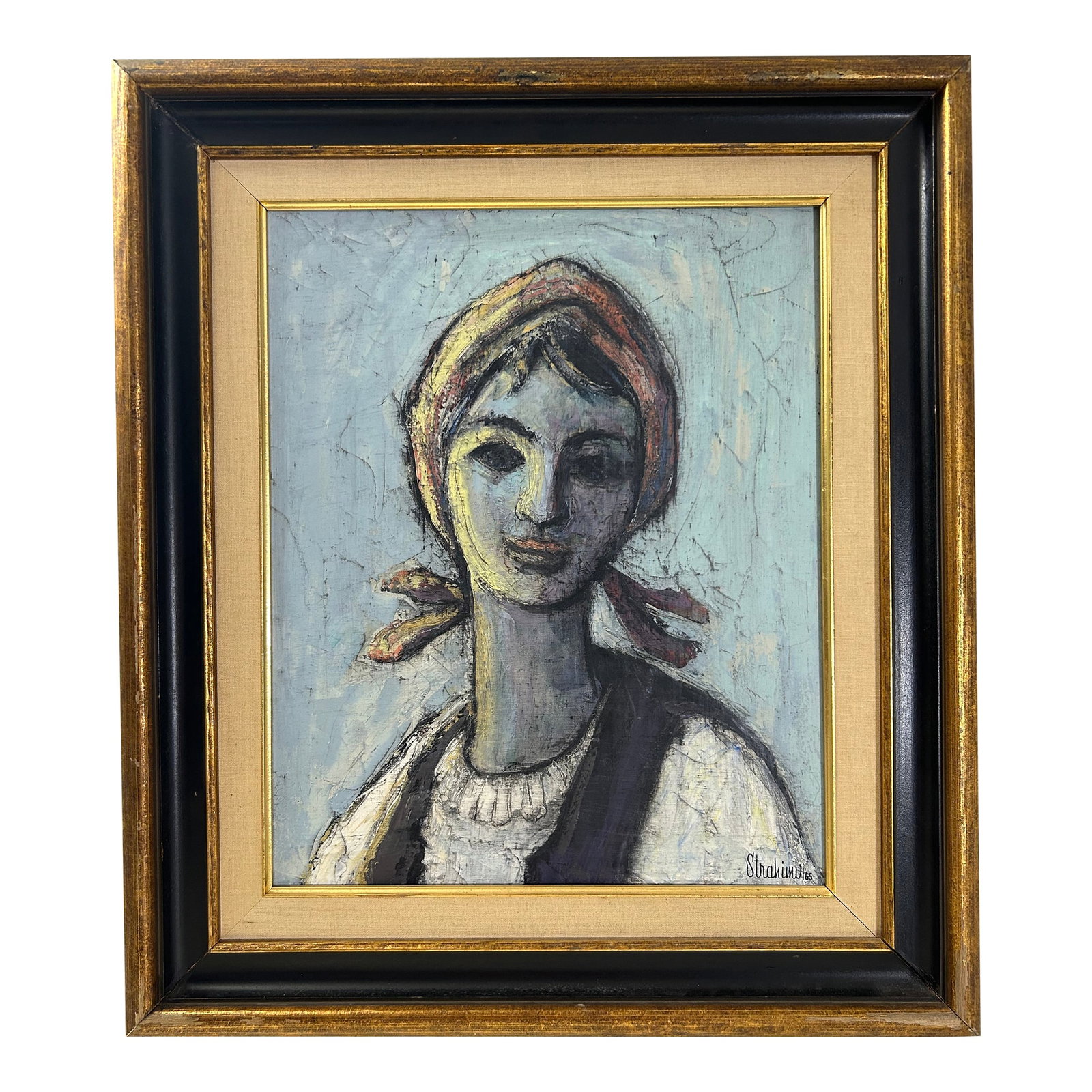 1965 Portrait of a Girl - by Strahimir Hrkalovic Mid-Century Oil Painting: This mid-century portrait by Yugoslavian artist Strahimir Hrkalovic (1907-1977) captures a haunting yet elegant presence with expressive, abstracted features. Painted in oil on silk, the piece possess