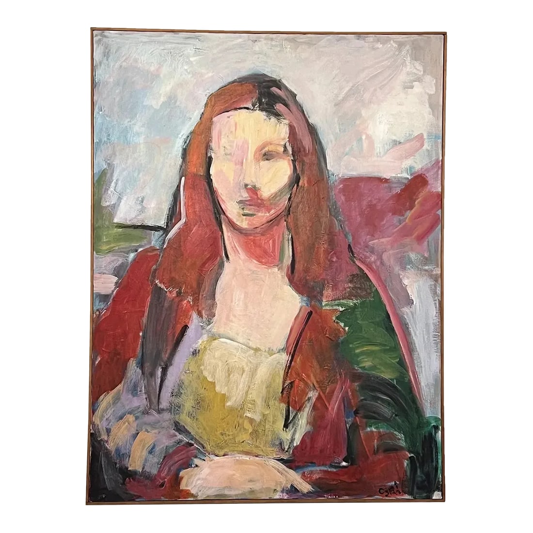 Painting of a Woman - Original Oil on Canvas: Stunning original oil on canvas painting of a woman in the style of fauvism and/or expressionism. Framed in a simple wooden frame. Signed bottom left hand corner. MEASURES 30.5" x 40.5" x 1" PACKING