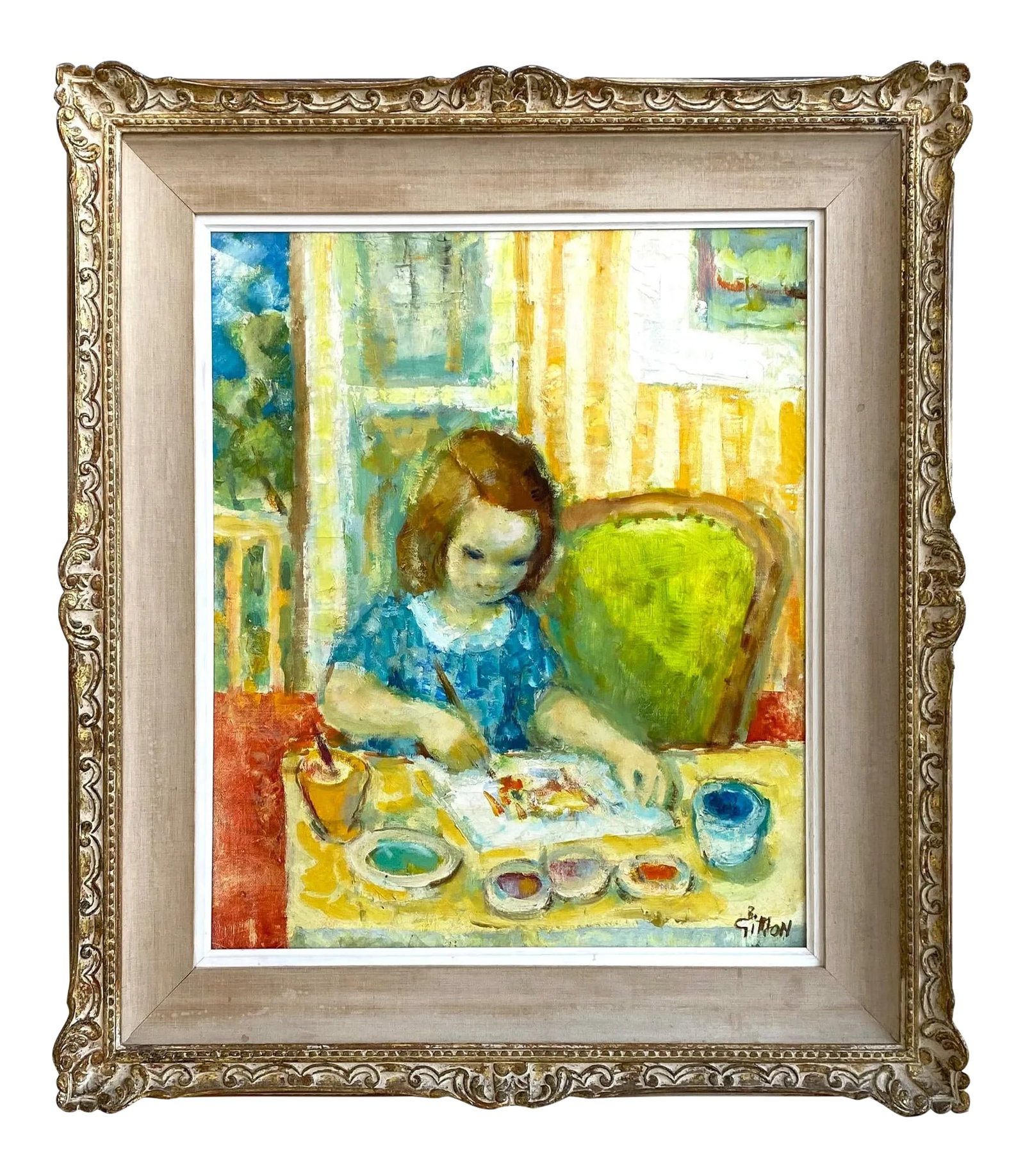 Boris Simon, Painting of Young Girl "Petite Fille Dessiniart": Boris Simon, French (1913 - 1972). A fine painting, oil on canvas, by Boris Simon entitled "Petite Fille Dessiniart". The young girl is painting and the colors are vibrant. It is signed B. Simon in th