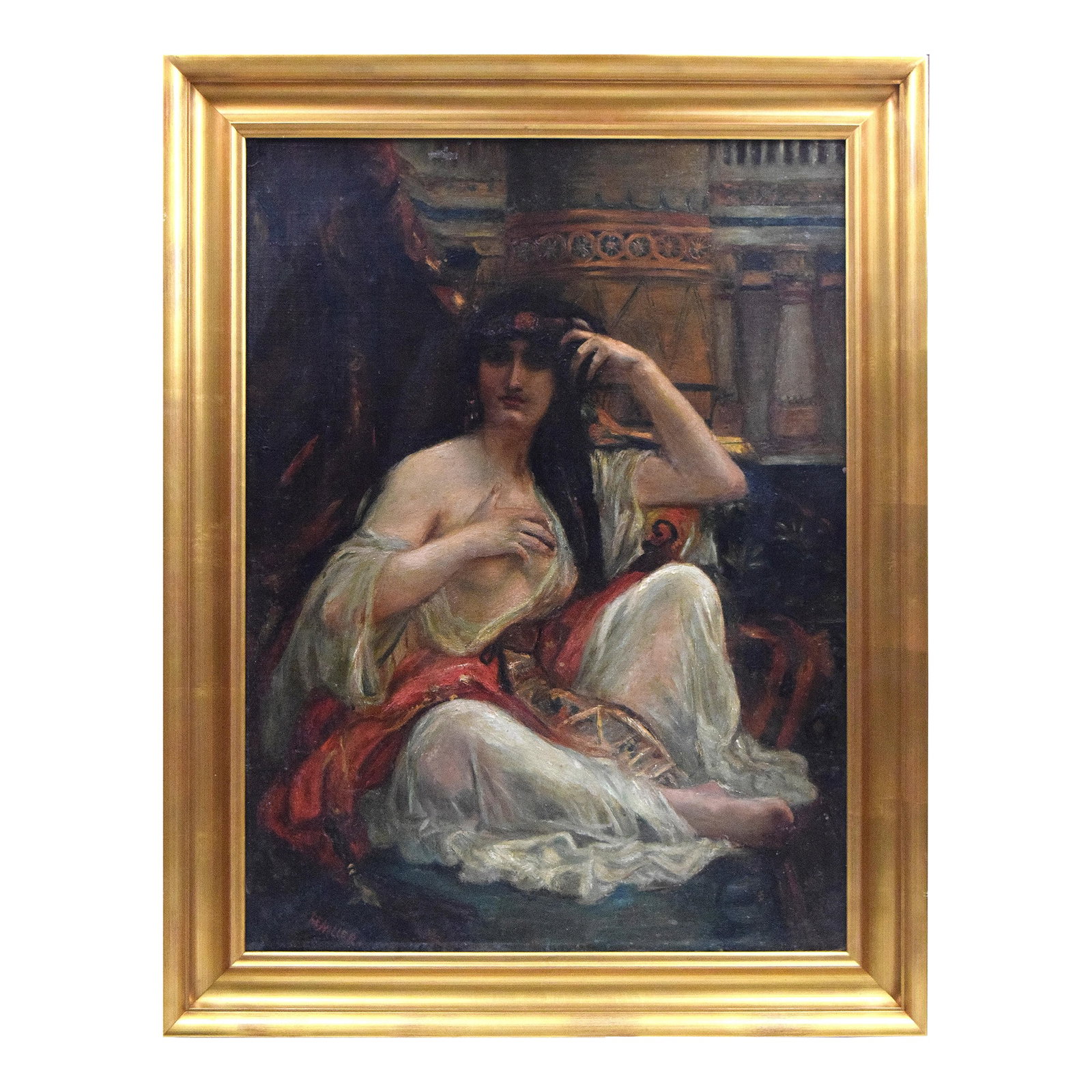 19th Century Orientalist Portrait of a Woman: 19th Century partial nude orientalist portrait of a woman in a sheer dress in an interior with columns decorated in arabesque or moorish fashion. Signed lower right FE Miller and presented in a gilt