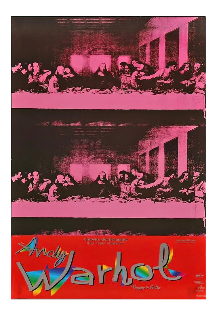 Andy Warhol "Viaggio in Italia" The Last Supper Italian Museum/Art Exhibition Oversize Poster, 1997: Andy Warhol Viaggio in Italia (literally translates to "Andy Warhol Trip to Italy"), the 1997 Italian poster promoting an art exhibition of the works of Any Warhol which was held from April 9th to