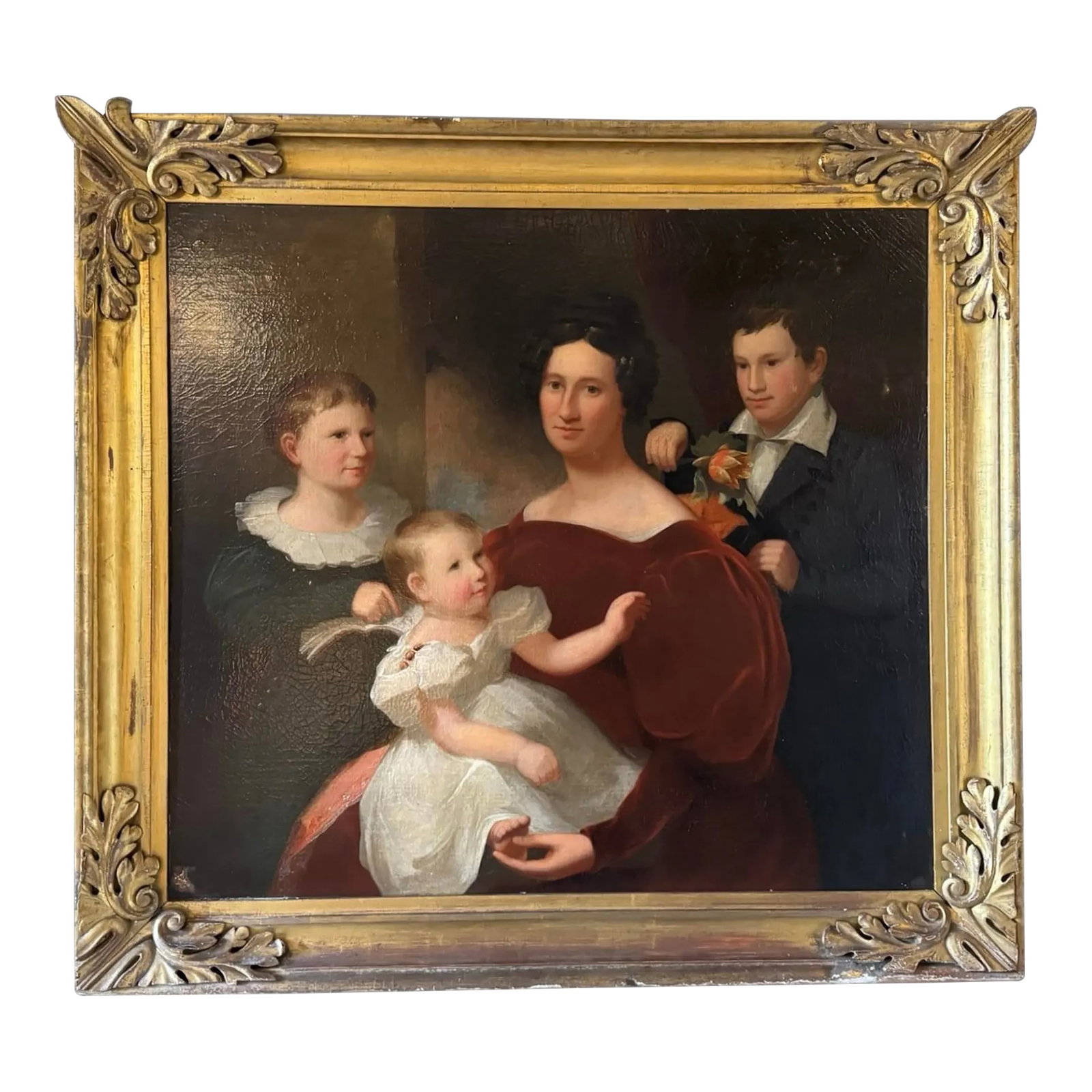 Late 19th Century Antique Gilt Framed Family Portrait Oil Painting on Canvas: Antique Gilt Framed Family Portrait Oil Painting on Canvas In good original condition showing some typical age-appropriate wear from normal use including some overall crazing with some loss to the