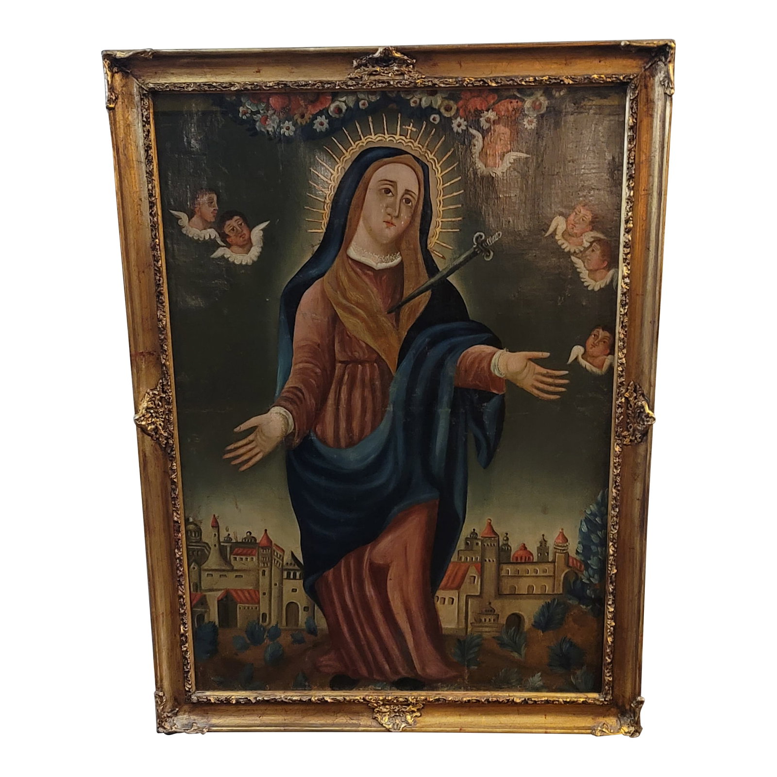 18h Century Virgin Mary Lady of Sorrows Mestizo-Baroque Cuzco School Colonial Period: This is a large canvas painting of Virgin Mary, Lady of Sorrows, Lady of the Seven Sins. This is 18th Century Painting Mesitizo- Baroque Style . From Peru "Cuzco School 1701-1800 " . Roman Catholic