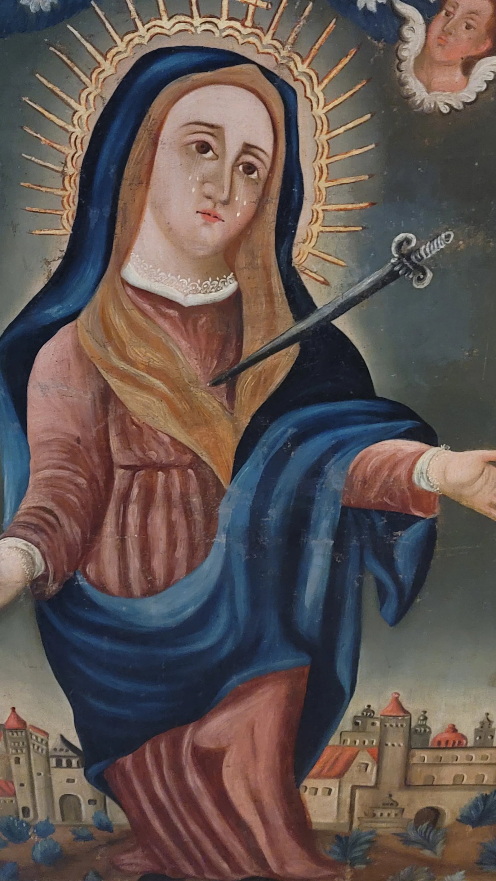 18h Century Virgin Mary Lady of Sorrows Mestizo-Baroque Cuzco School Colonial Period - 2