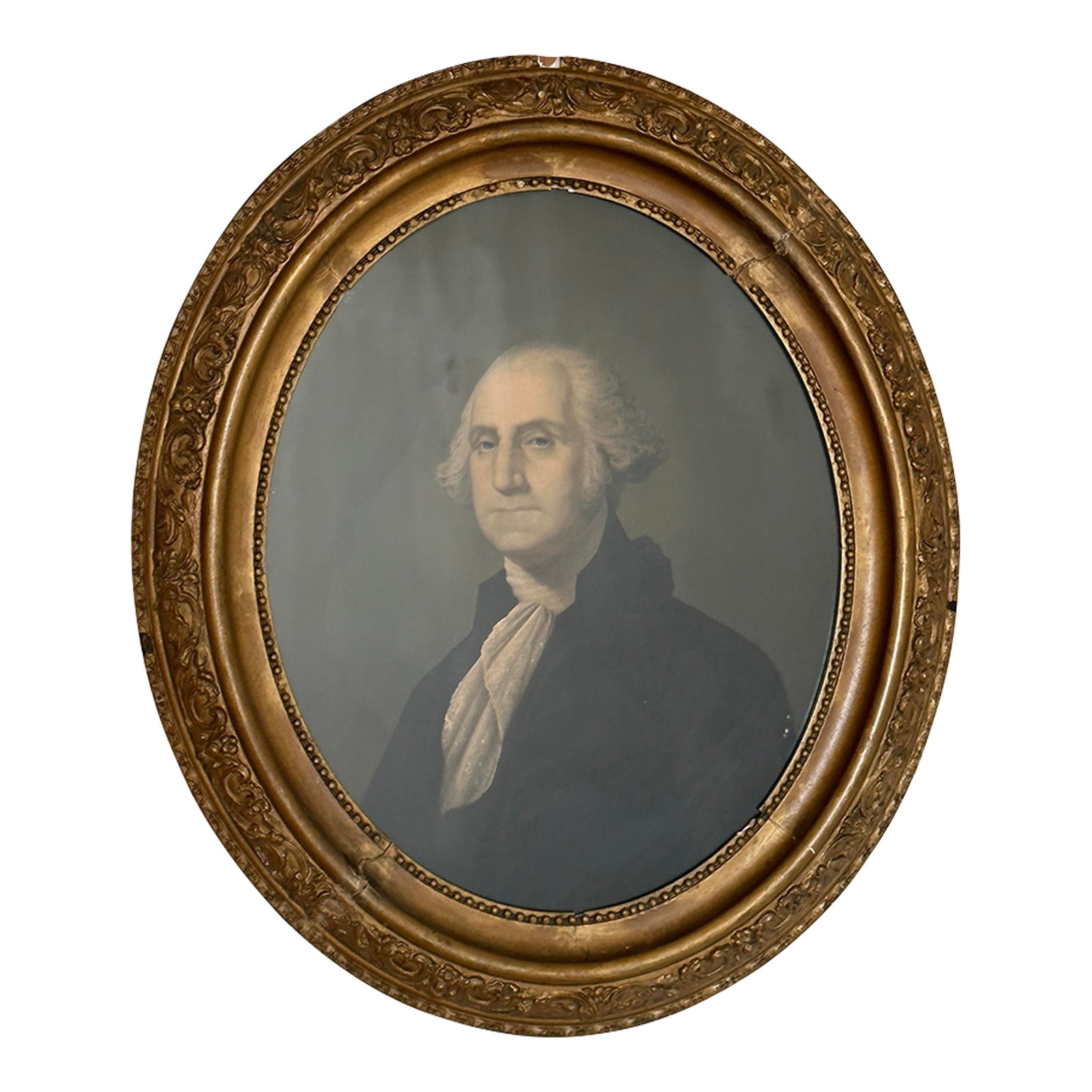 1964 Chromolithograph Portrait of George Washington by e.c. Middleton: MIDDLETON, E.C. Framed chromolithographic portrait. Cincinnati: E.C. Middleton, 1864. Paper on canvas, oval image measures 13-1/2 by 16-1/2 inches; handsomely framed, entire piece measures 19 by 22