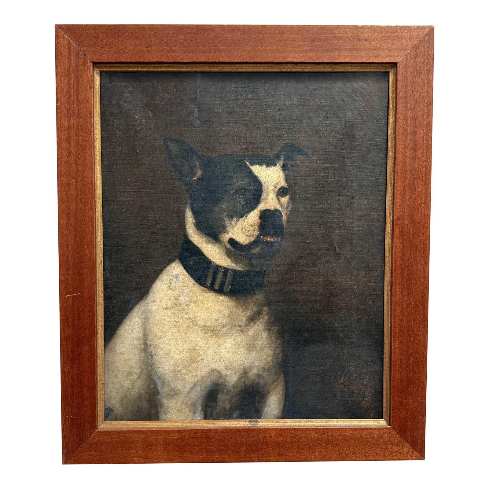 19th Century English Oil Painting of a Bulldog by r.h. Hearn, Dated 1874: 19th Century English Oil Painting of a Bulldog by R.H. Hearn, Dated 1874. A finely executed 19th-century English oil painting depicting a seated bulldog, signed and dated by the artist R.H. Hearn, 187