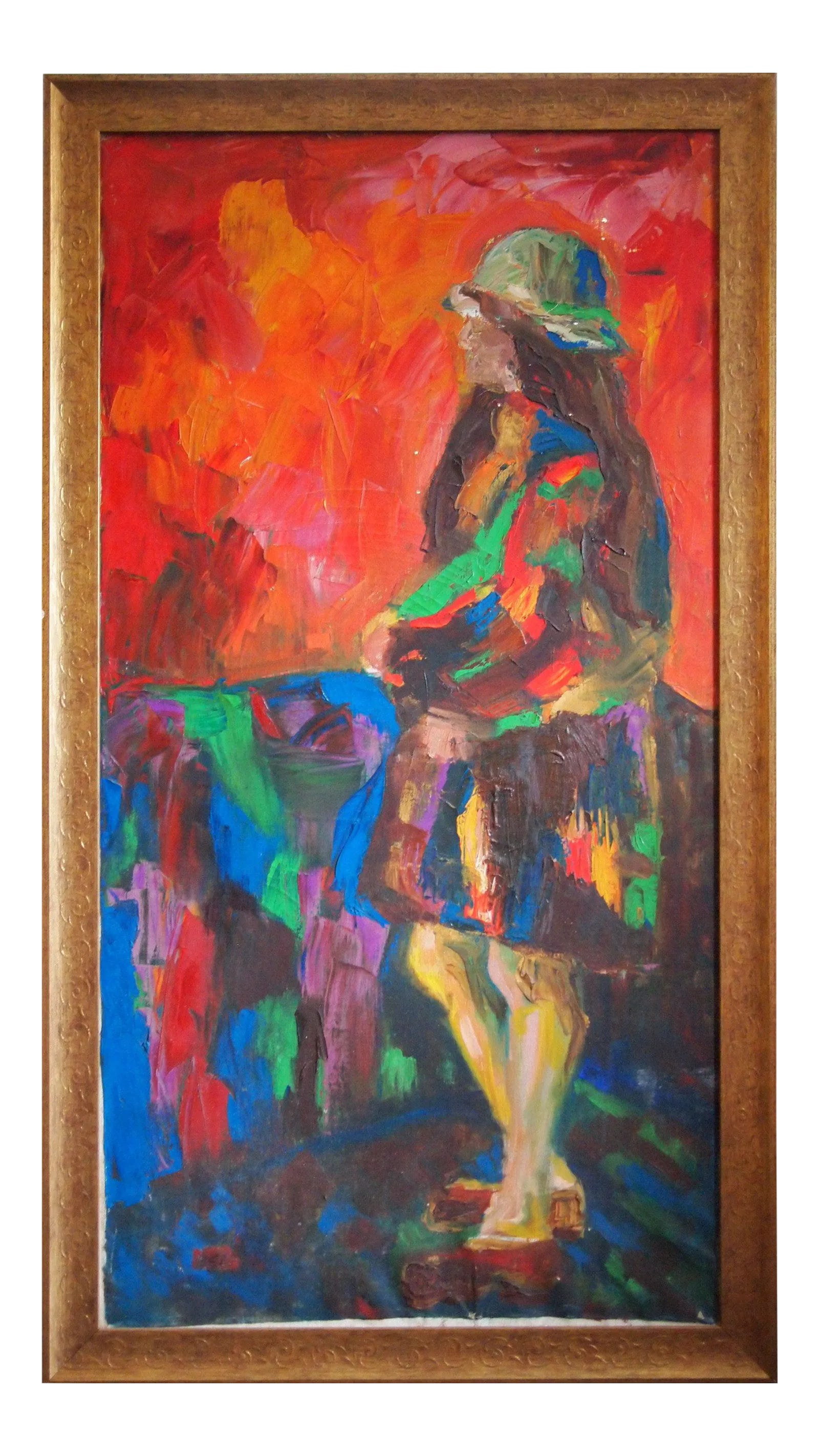 Vintage Irwin Touster Portrait Figural Painting: -Bright and colorful abstract figural painting by artist IRWIN TOUSTER (b. 1921; American / New York), depicting a woman or girl wearing a hat and coat. Likely circa 1960s. Thick impasto oil paint on 