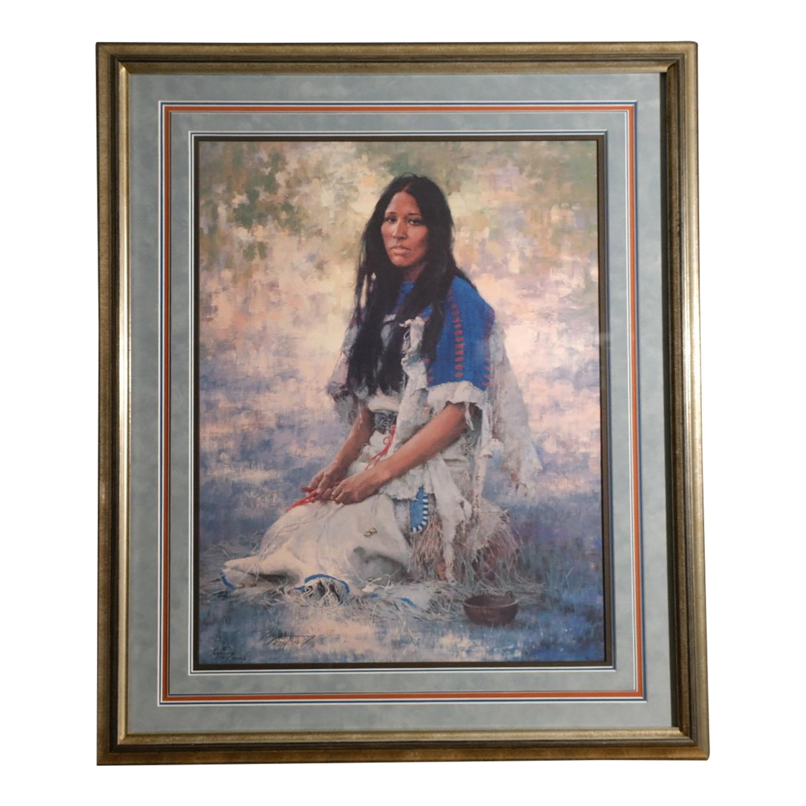 Howard Terpning "Woman of the Sioux" Signed Limited Edition Print - Western Portrait: This stunning limited edition lithograph by renowned Western artist Howard Terpning, titled "Woman of the Sioux", captures the quiet dignity and contemplative strength of a Sioux woman in traditional