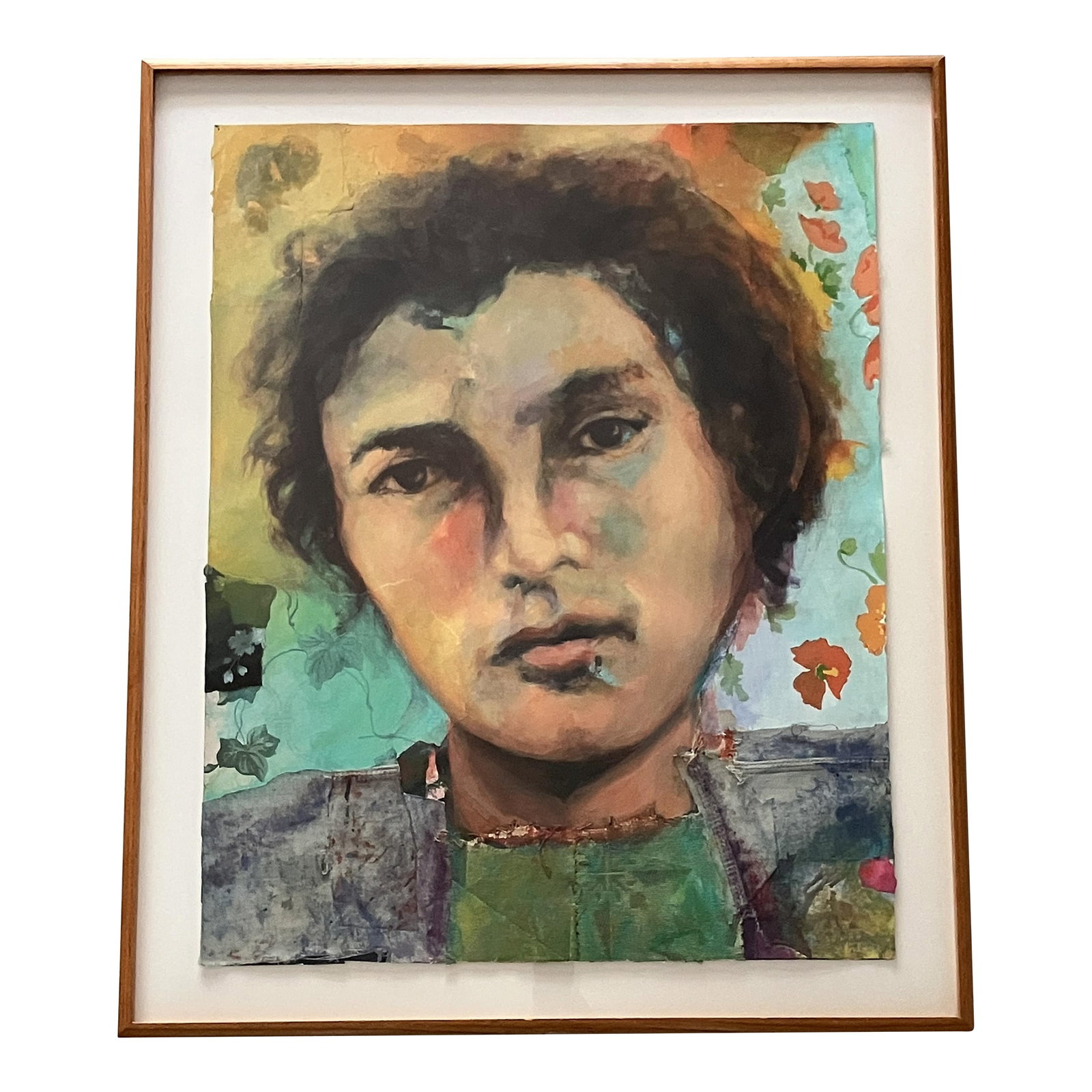 1980s Timothy Harney Mixed Media Collage Portrait of Tim Buckley, Signed and Framed: This is a very special piece. It is a portrait of music legend Tim Buckley in acrylic and mixed media collage by American artist Timothy Harney. The work is signed, dated '89, and professionally